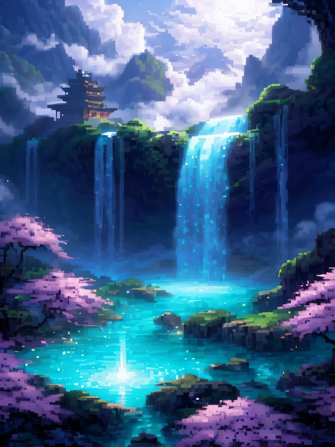 (Masterpiece, best quality, high detailed pixel art). It was dark in the distance, but there was a soft light coming from the distance. The dense spiritual energy rippled, and the flowing clouds were like waves. This place was unusually sacred. Fallen flowers were colorful. Crystal petals fell from this place where holy light flowed. They carried a fragrant fragrance and bursts of vitality.  Apart from this, pure white immortal qi spread out and surrounded the place. Shi Hao stood still. It was as if he had heard the sigh of a true immortal. It was as if he had experienced a hundred generations of reincarnation. It was as if he had seen the ancient changes of immortals.