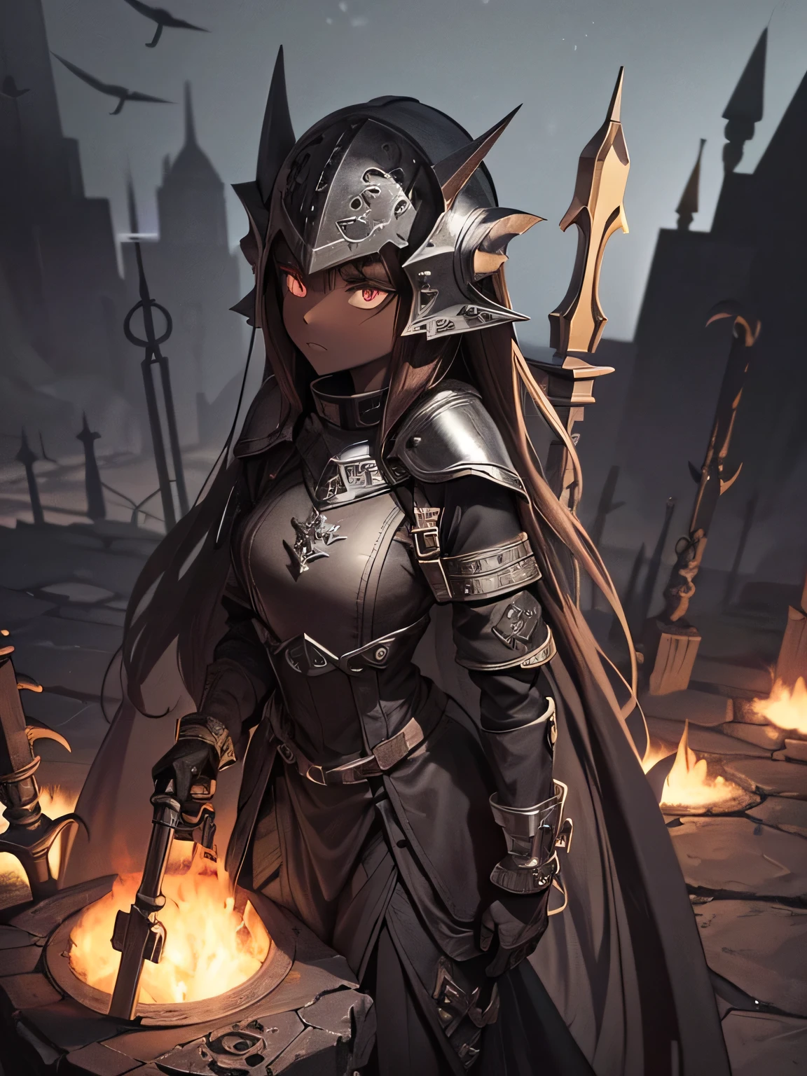 medieval horror art, It's dark night, mechanized horror girl, ((dark brown skin)), mechanical dividing lines on the body, gray eyes, Gloomy look, short marble helmet, holding a massive needle, (massive cast iron collars on the arms), short pale gloves, short clothes, trinkets and bags, bleak dark rifts and canyon environment