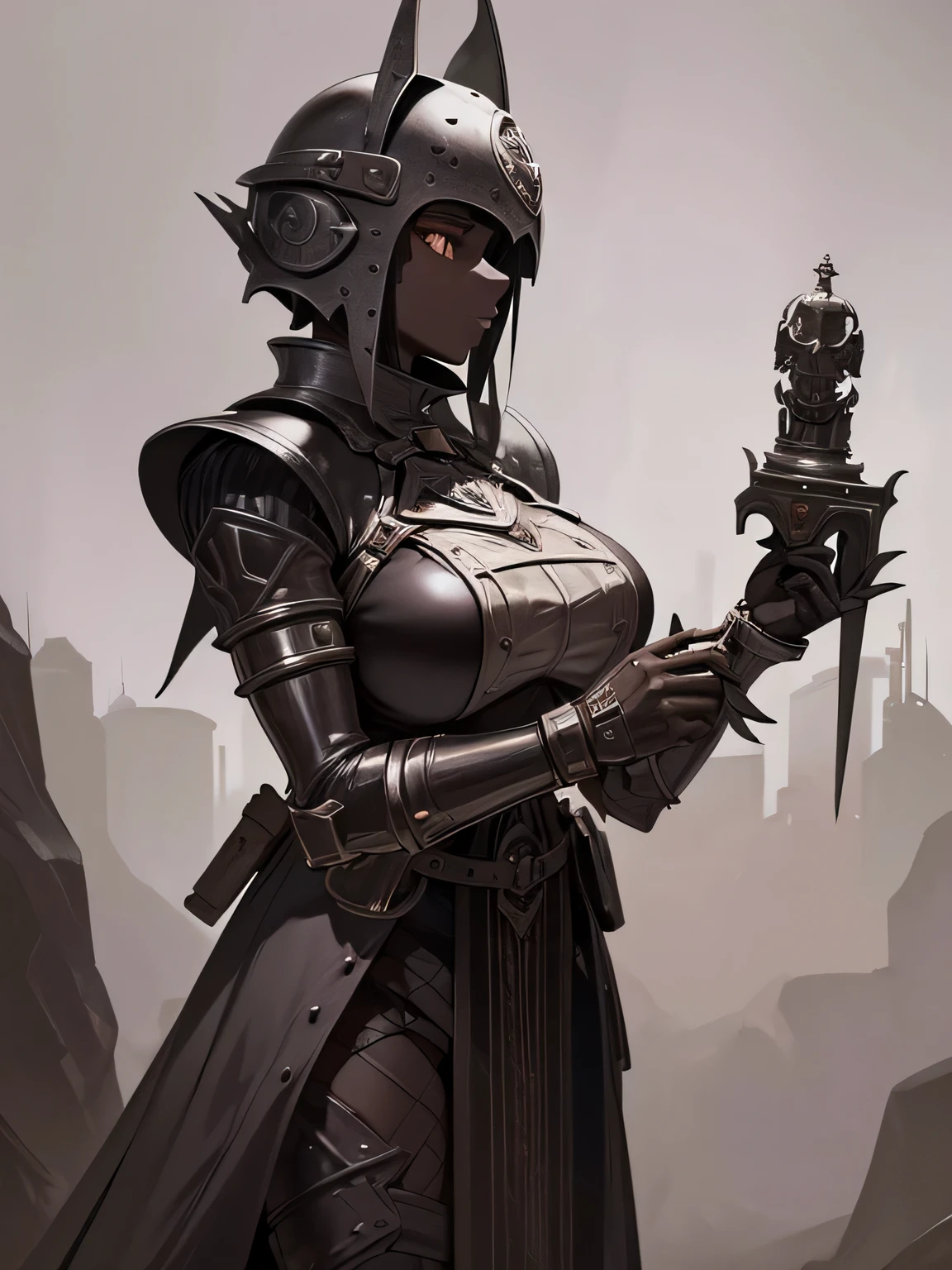 medieval horror art, It's dark night, mechanized horror girl, ((dark brown skin)), mechanical dividing lines on the body, gray eyes, Gloomy look, short marble helmet, holding a massive needle, (massive cast iron collars on the arms), short pale gloves, short clothes, trinkets and bags, bleak dark rifts and canyon environment