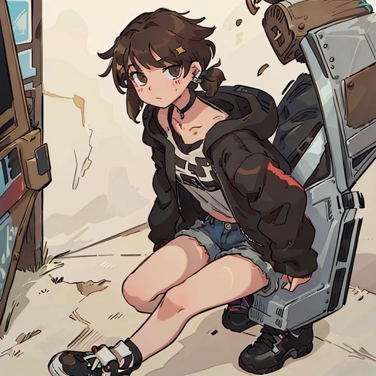 A 15 year old girl with an oversized striped brown sweater, jean shorts, cross earring on left ear, and black taylor shoes. She has short, fluffy, brown hair and painted black nails