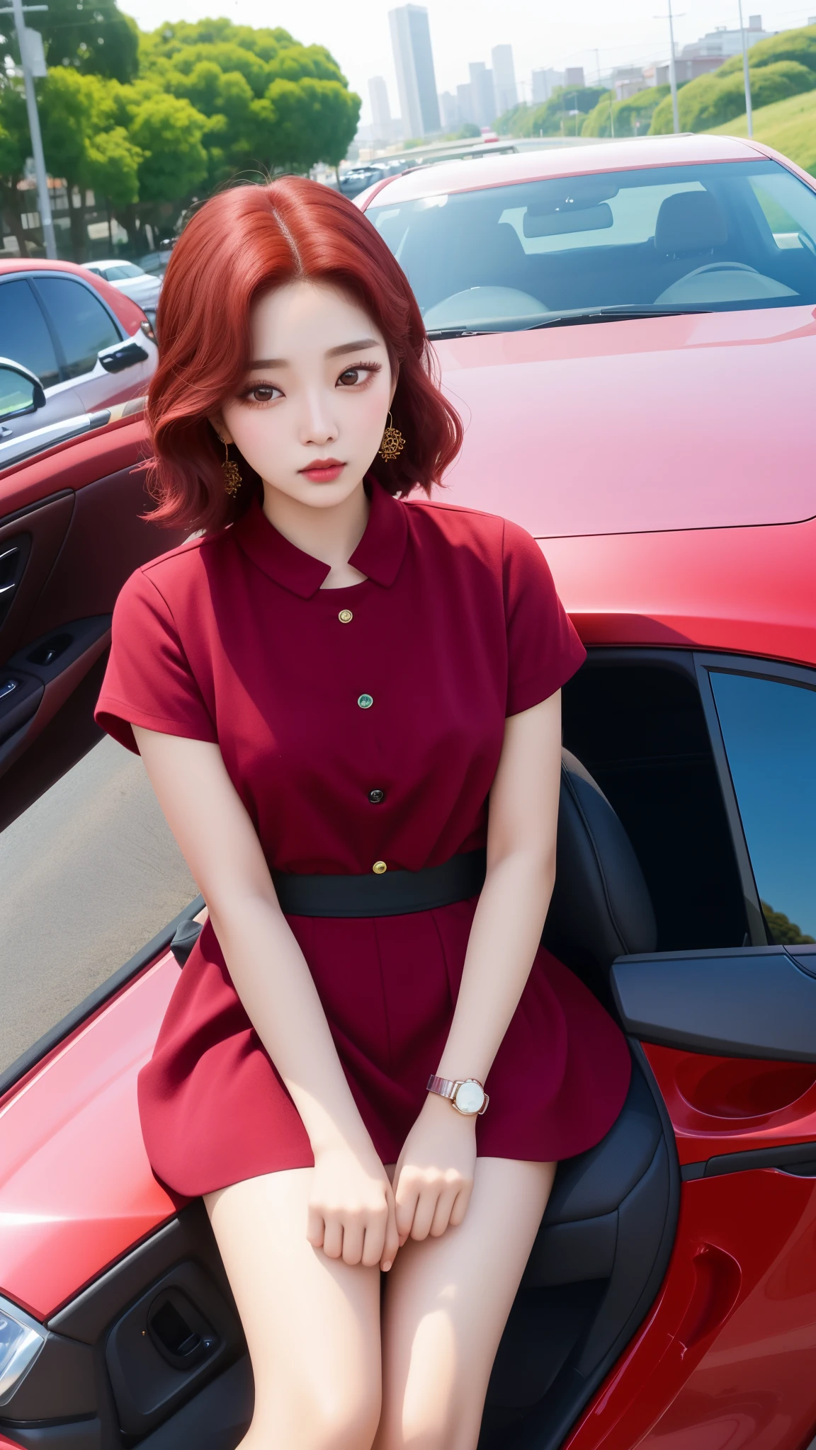 mulher arafa com cabelo comprido sentada em um carro com vista para a cidade, menina coreana, Mulher sul-coreana bonita, Park Soo-young do Red Velvet, linda mulher coreana jovem, Park Soo-young do Red Velvet