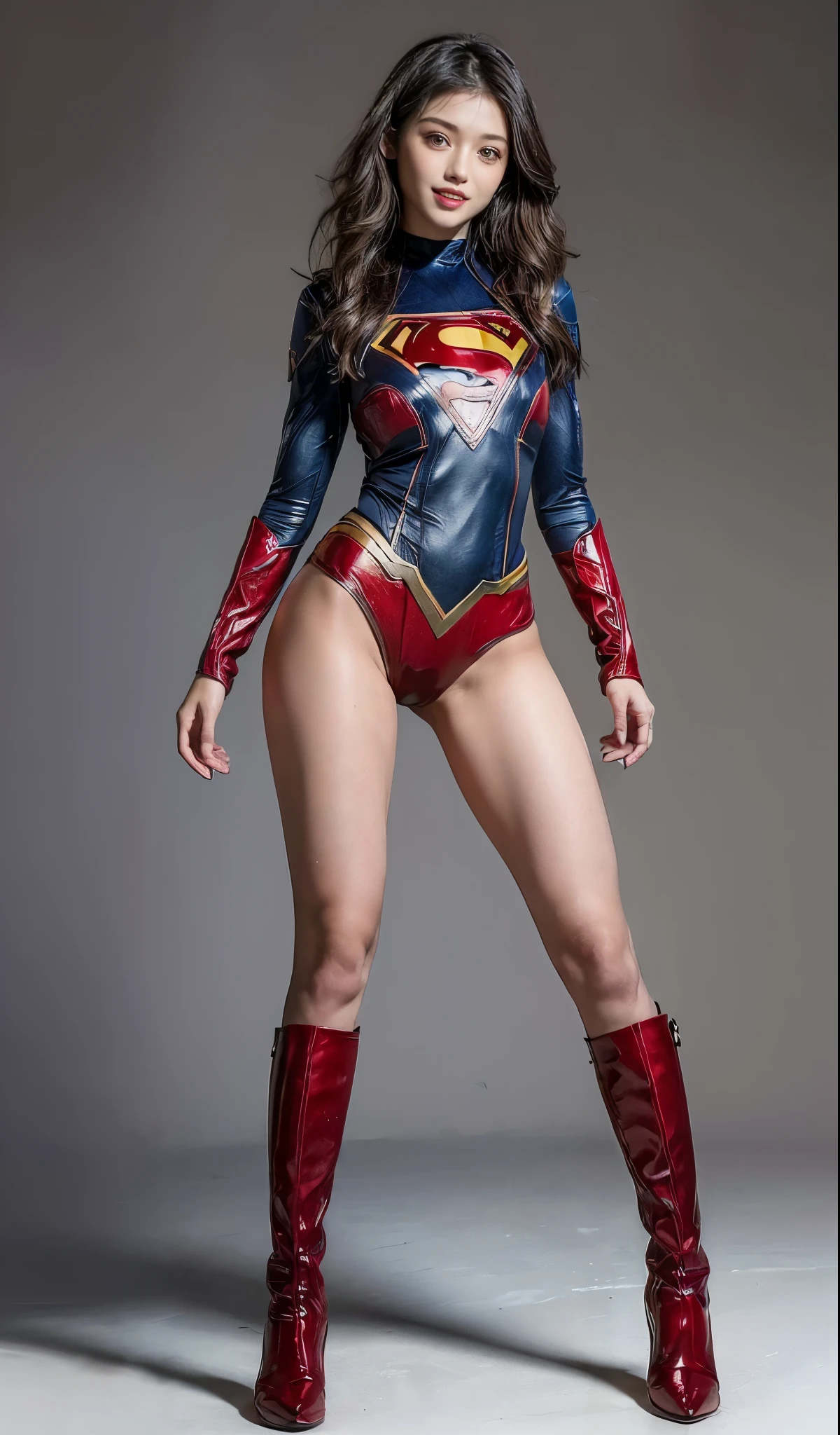 No background、Are sleeping、lying back on、(((Wear black tights on your beautiful legs.)))、(((Grow legs、tall、Legally express the beauty of your smile)))、((((Make the most of the original image)))、(((Supergirl Costume)))、(((beautiful hairl)))、(((Suffering)))、(((Feet must necessarily be worn with black tights)))、(((You need to wear red boots)))、((Top image quality、8K))、((top-quality、8K、​masterpiece:1.3))、(((Keep Background )))、Crisp focus:1.2、Beautiful woman with perfect body shape:1.4、Slender Abs:1.2、a wet body:1.5、Highly detailed facial and skin texture、8K