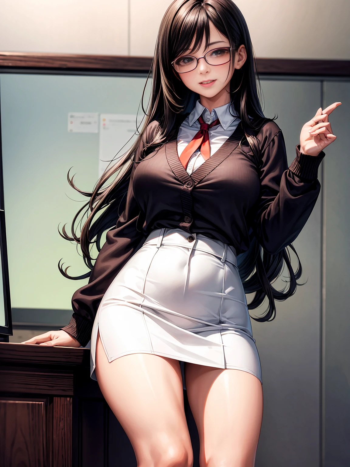 16K, ultra realistic, highres, best quality, masterpiece,young female teacher, long black hair, glasses, white blouse. She has a seductive smile, {mole under her left eye}+, Tight Skirt, cardigan, brown tights, red pumps,
