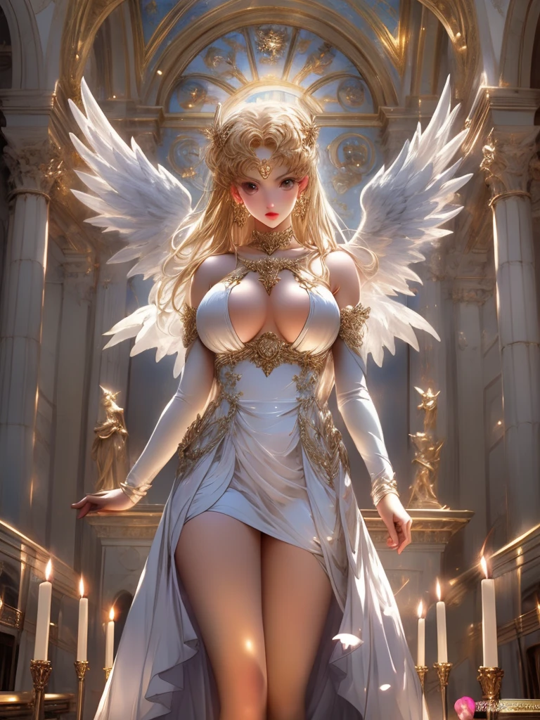 a woman in a dress with angel wings standing in front of a building, anime diosa, angel knight girl, full - body majestic angel, Arte detallado de alta calidad 8K, Artgerm extremadamente detallado, 2. 5 d cgi anime fantasy artwork, extremely detailed diosa shot, Hermosa y seductora mujer de anime, diosa. Detalle extremadamente alto, beautiful female angel, beautiful angel