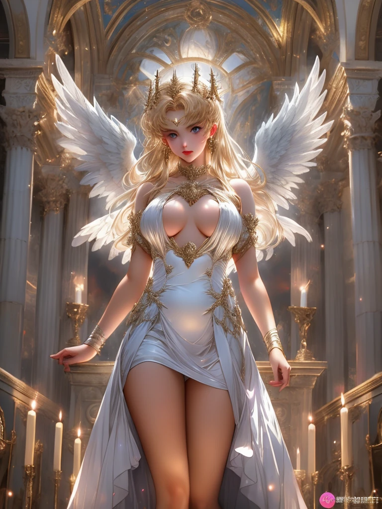 a woman in a dress with angel wings standing in front of a building, anime diosa, angel knight girl, full - body majestic angel, Arte detallado de alta calidad 8K, Artgerm extremadamente detallado, 2. 5 d cgi anime fantasy artwork, extremely detailed diosa shot, Hermosa y seductora mujer de anime, diosa. Detalle extremadamente alto, beautiful female angel, beautiful angel