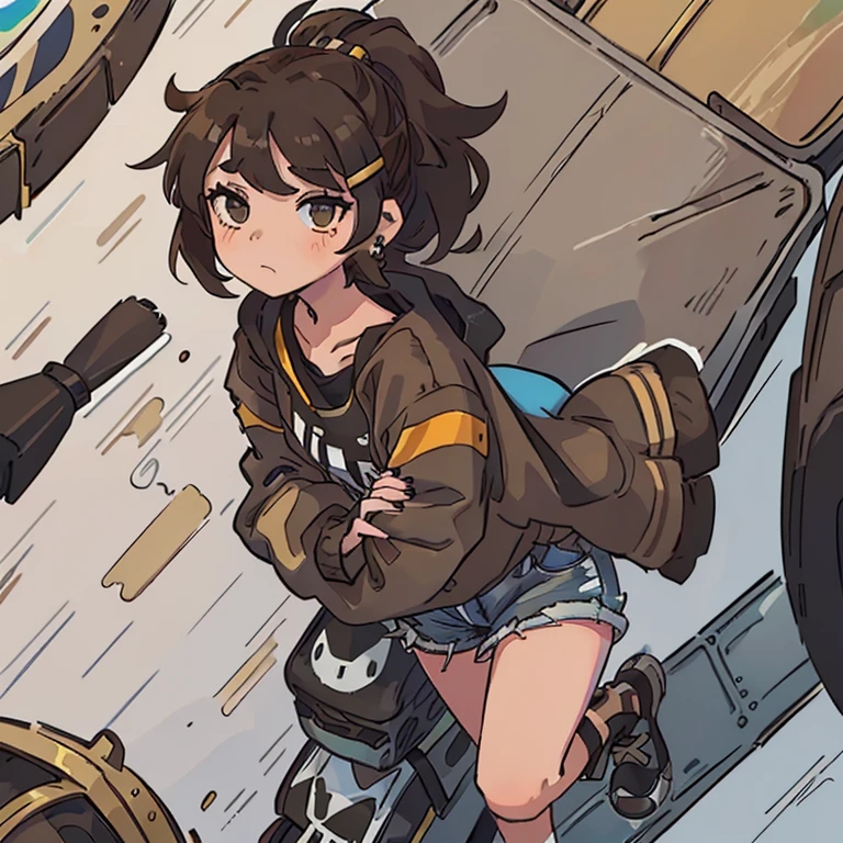 A 15 year old girl with an oversized striped brown sweater, jean shorts, cross earring on left ear, and black taylor shoes. She has short, fluffy, brown hair and painted black nails