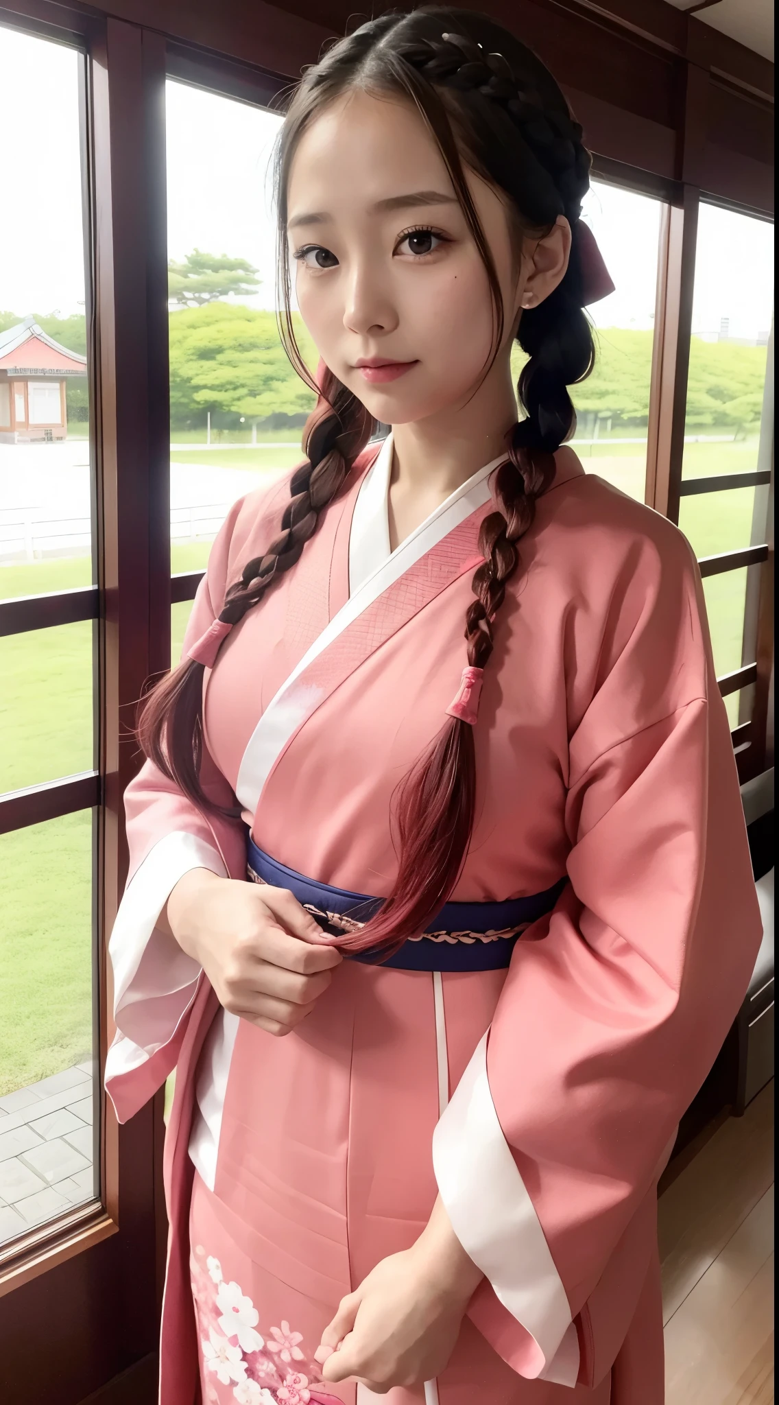 red and pink furisode、beautiful woman with braids