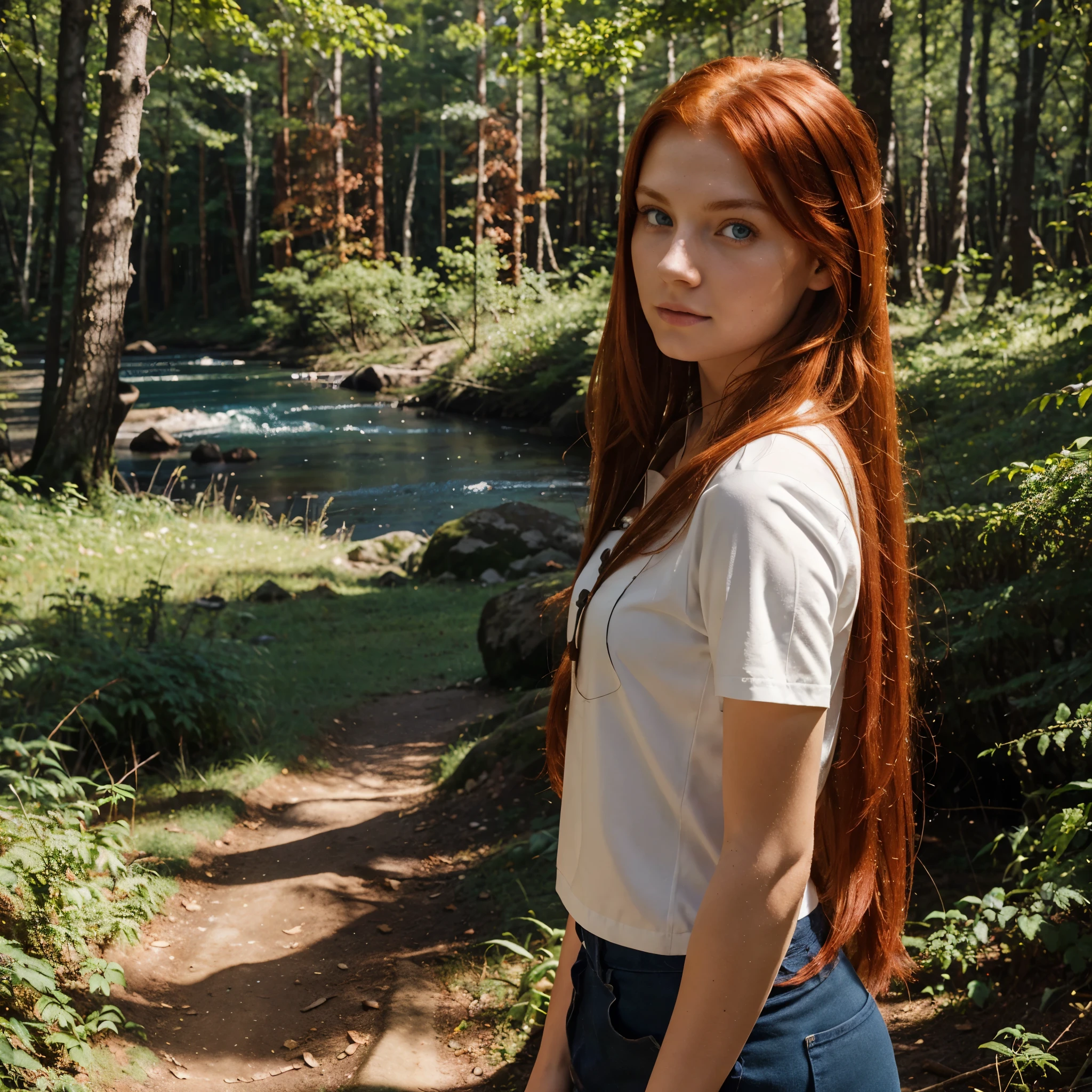 White-skinned high school aged with red hair, looks to the sun, (In a forest), with a confident look, natural hd, long straight hair, deep blue eyes, a river, mountains, high quality, 4k