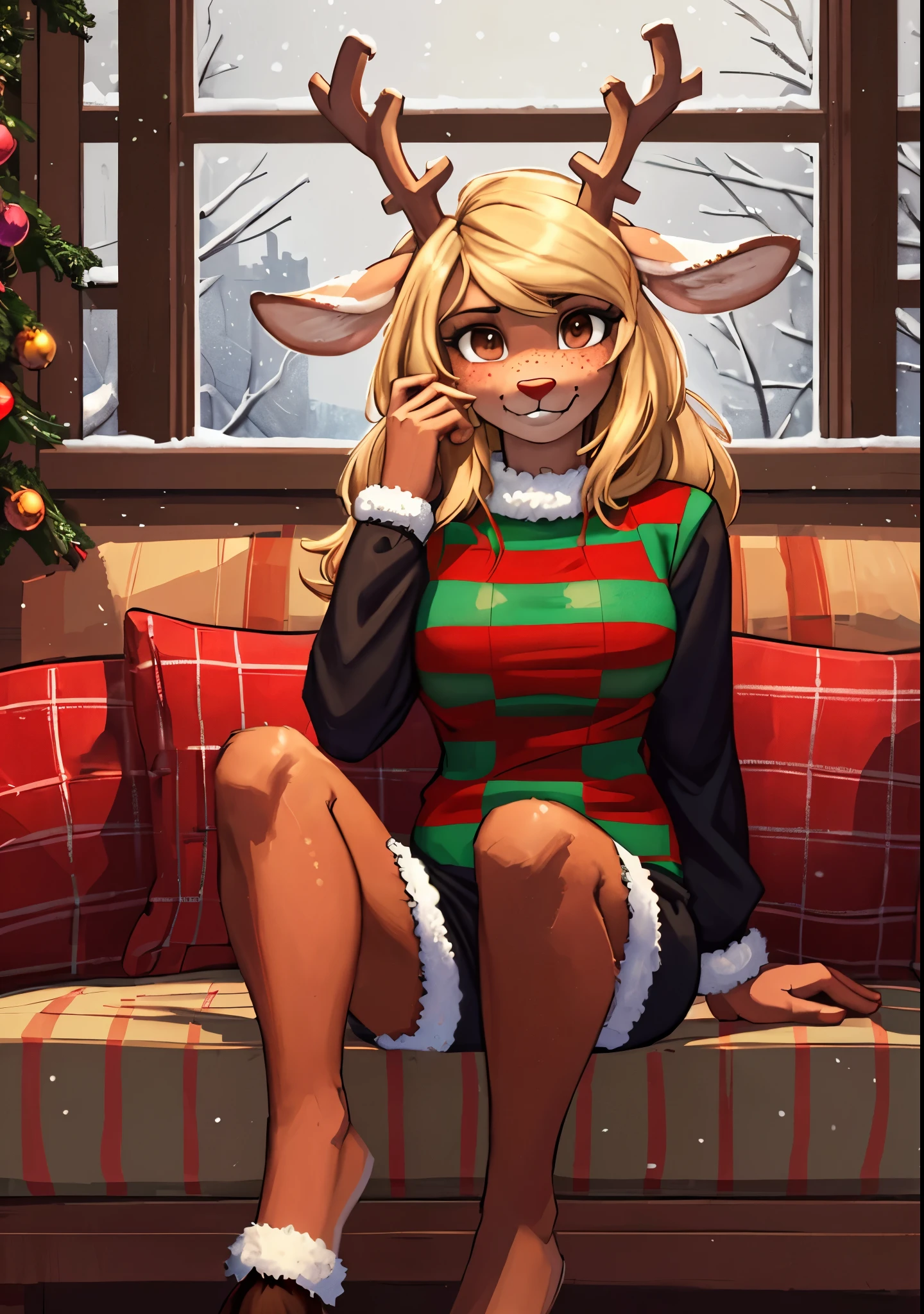 [noelleholiday], [Deltarune], [Uploaded to e621.net; (Pixelsketcher), (wamudraws), (woolrool)], ((masterpiece)), ((HD)), ((highres)), ((solo portrait)), ((front view)), ((full body)), ((feet visible)), ((furry; anthro)), ((detailed fur)), ((detailed shading)), ((beautiful render art)), ((intricate details)), {anthro deer; brown fur, red nose, brown eyebrows, (cute freckles), cute brown eyes, (short eyelashes), (deer antlers), long blonde hair, short fluffy tail, (white spots on thighs), (beautiful defined legs), (beautiful feet), (hooves), (blushing), (nervous smirk)}, {(green and red white-collared checkered sweater), (black sleeves), (short black pencil skirt)}, {(sitting on couch), (hand in hair), (looking at viewer)}, [background; (living room), (fireplace), (christmas decorations), (window), (snow in window), (starry sky)]