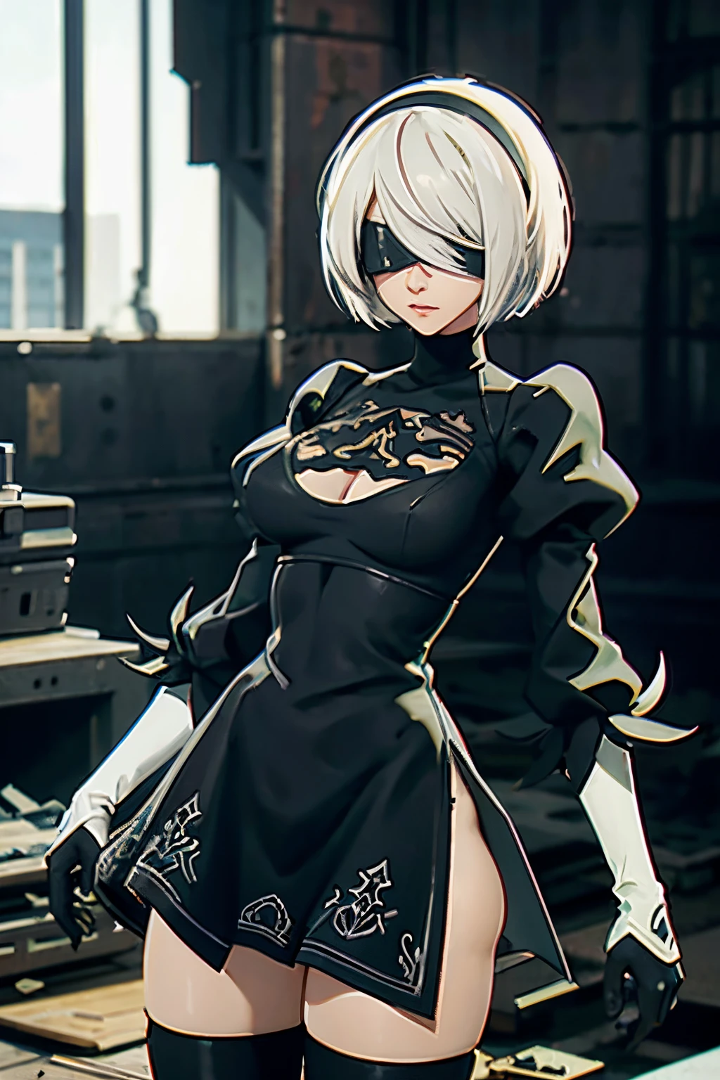 (nsfw), fullbody shot,, nier anime style, yorha no. 2 type b, 1girl, blindfold, solo, white hair, breasts, cleavage cutout, short hair, black blindfold, hairband, mole, dress, clothing cutout, cleavage, upper body, puffy sleeves, juliet sleeves, black dress, medium breasts, black hairband, long sleeves, covered eyes, turtleneck, closed mouth
, ((masterpiece))
<lora:nier_anime_style_offset:1>