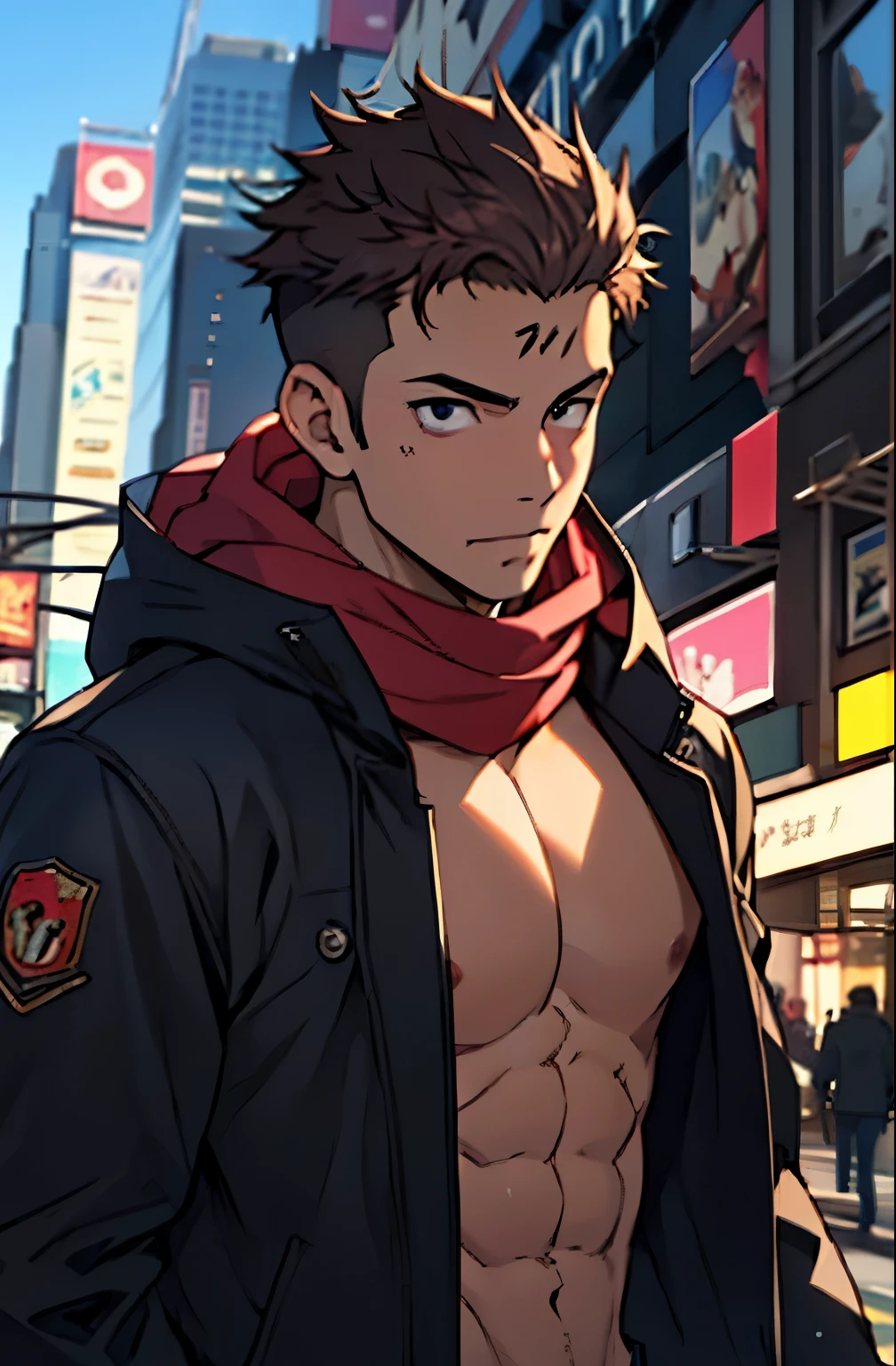 A mais alta qualidade, 8K, image high resolution, Detailed strokes, (Imagem da Cintura pra cima), no meio de uma avenida movimentada estilo Times Square, inverno, apoiado em um dos postes, adolecente, Yuji Itadori, Dark Pink Hair , wearing a cold jacket , slightly unbuttoned jacket showing a bit of his chest, masculo, chest a little tight in the shirt , (angulo de baixo), (Close no Rosto), pernas definidas, defined arms, abdomen definido, com a camisa,