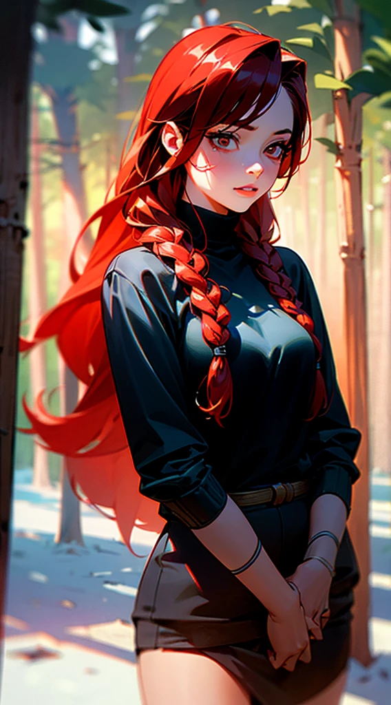 RAW, professional photograph, medium shot, photorealistic, realistic lights, realistic shadows, hyper-realistic, ray tracing, super detail, UHD, 8k, female, twenty years old, athletic body, soft facial features, long braided hair, viking hairstyle, straight hair, crimson hair, crimson eyes, viking clothing, forest in winter, sharp image