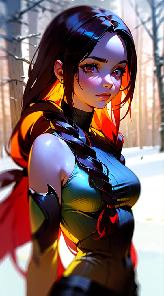 RAW, professional photograph, medium shot, photorealistic, realistic lights, realistic shadows, hyper-realistic, ray tracing, super detail, UHD, 8k, female, twenty years old, athletic body, soft facial features, long braided hair, viking hairstyle, straight hair, crimson hair, crimson eyes, viking clothing, forest in winter, sharp image