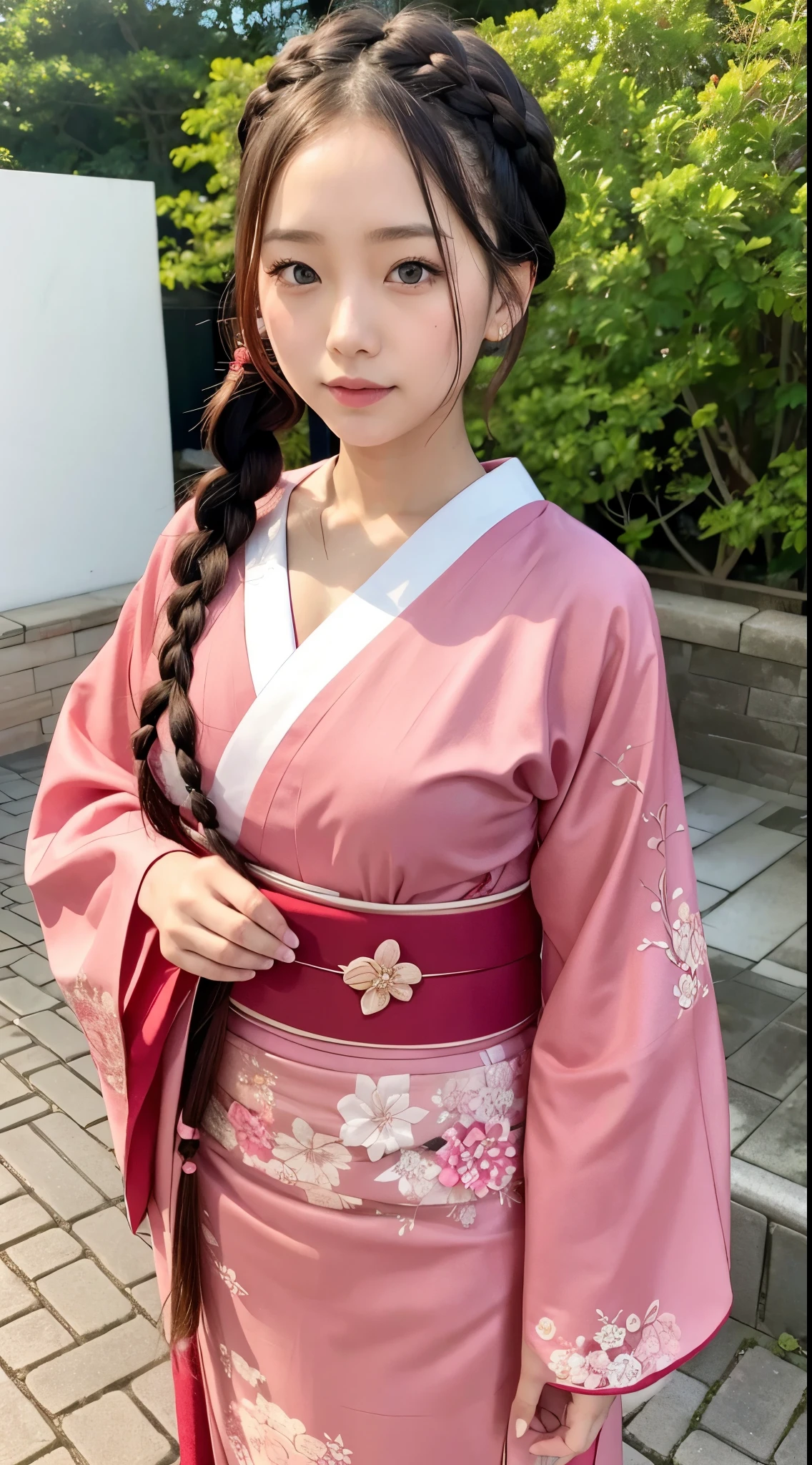 red and pink furisode、beautiful woman with braids