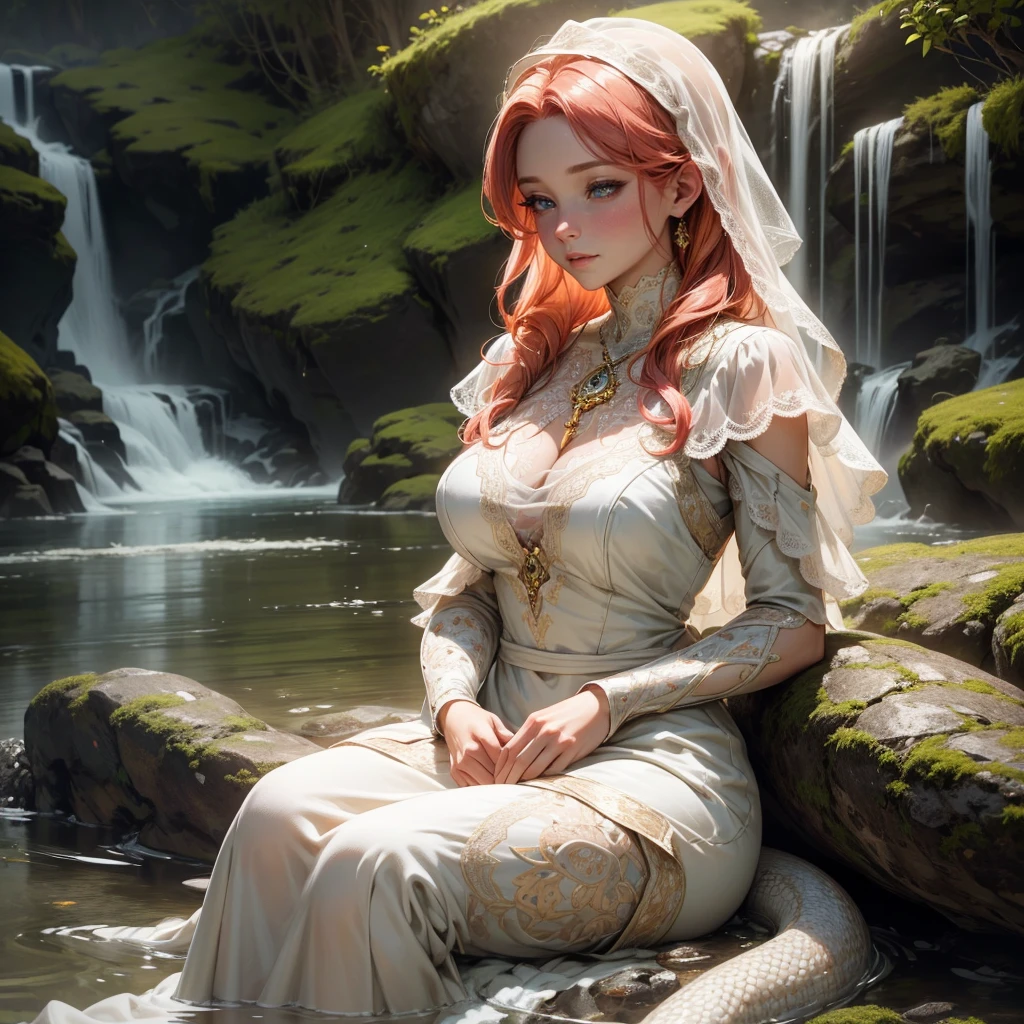 {-erro_de_anatomia:1.0}(best quality,4k,8k,highres,masterpiece:1.2), ultra-detailed, (realistic,photorealistic,photo-realistic:1.37), mature milf, illyasviel von einzbern, redhead hair, full body, vibrant colors, glowing skin, mesmerizing eyes, elegant pose, enchanting background, delicate lace dress, surreal lighting, ethereal atmosphere, mystical aura, intricate details, artistic medium, digital illustration, fantasy, anime, with a snake wrapped around her neck, bathing in a waterfall, sitting in the water