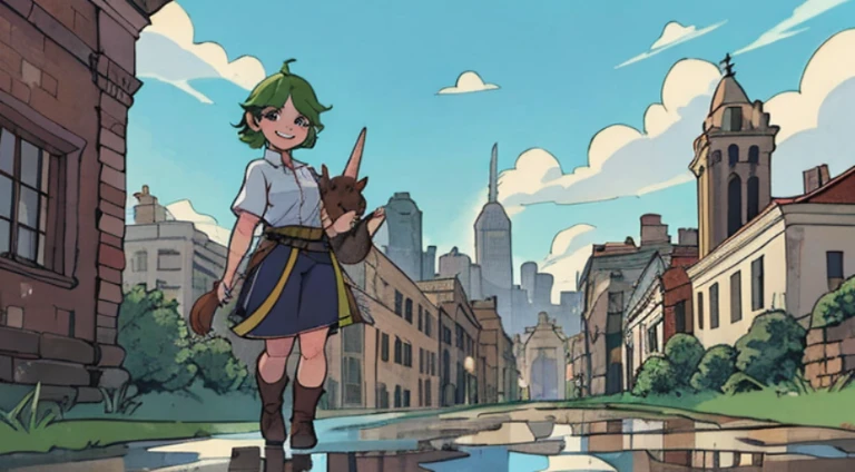 ruins、high buildings、puddles、menina com、cabelos verdes、rabo de cavalo grande、camisa branca、Magrinhos Bon、mochila、um sorriso、