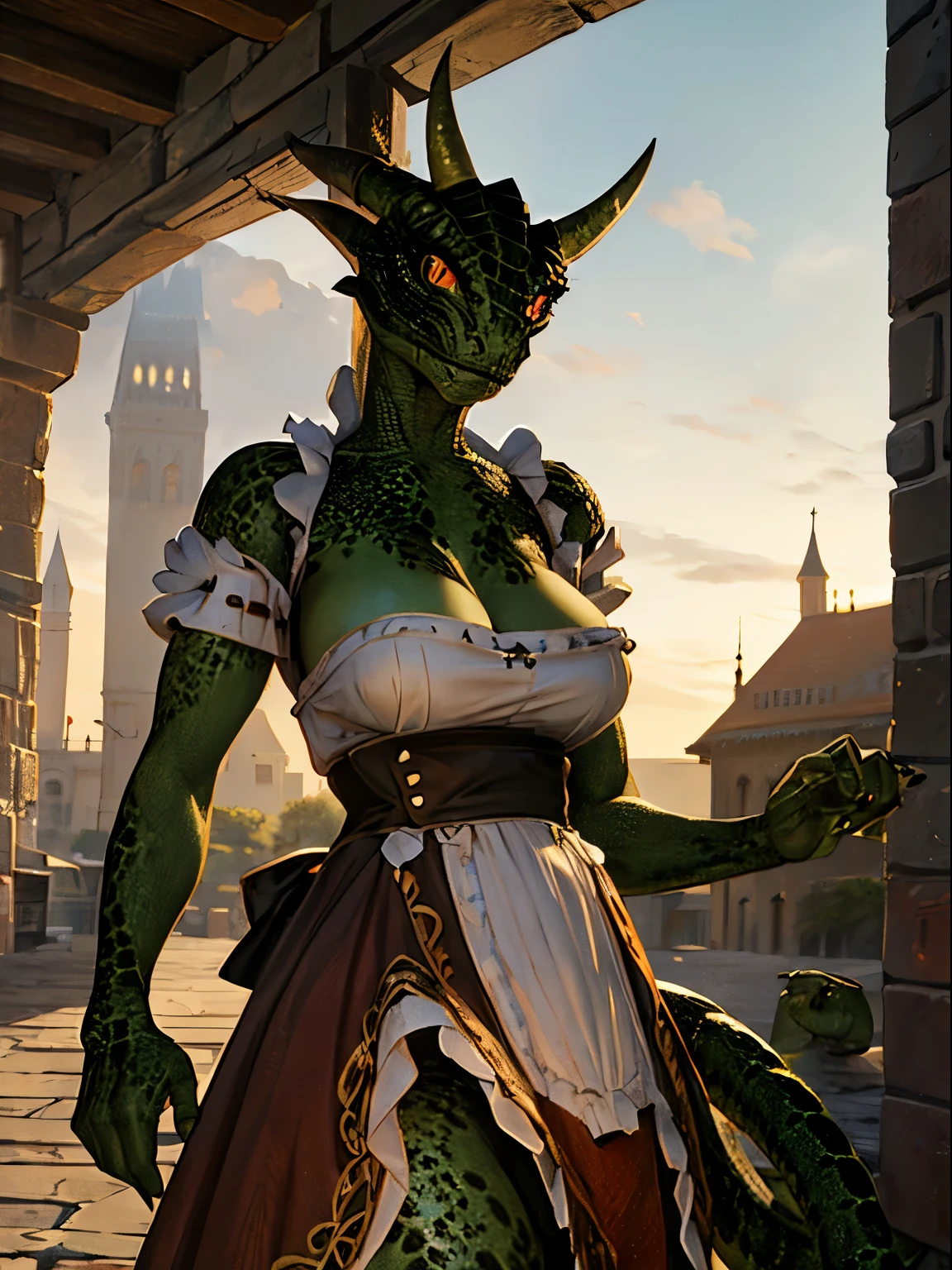 Masterpiece, medieval city, houses, stone pavement, humanoid, lizard person, snake like head, green skin color, claws, scalie, scales, furry, female, friendly, docile, orange scales, horns, medieval dress clothing