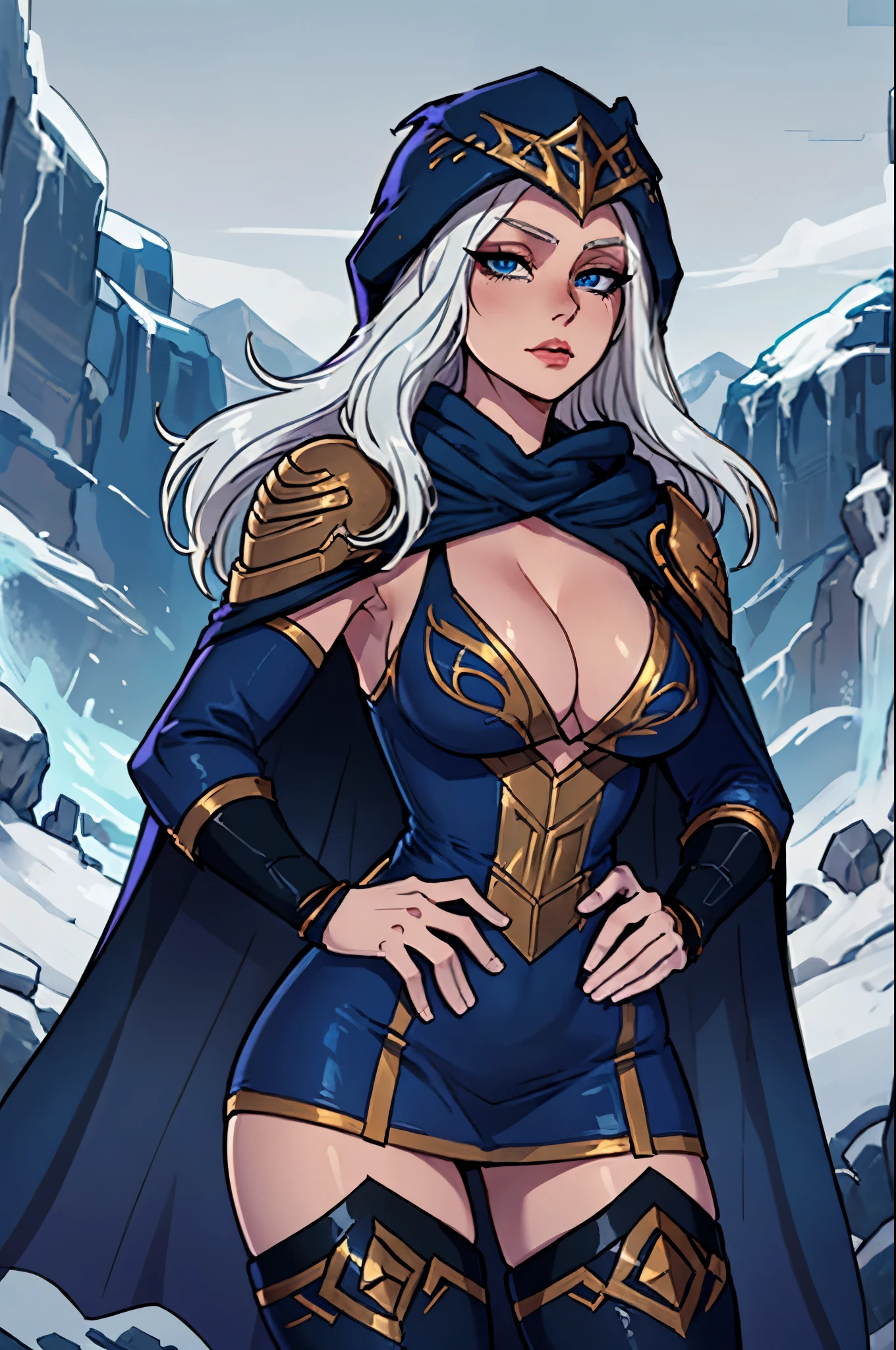 tundra, ashe \(league of legends\), 1girl, cowboy shot, looking at viewer, hand on hips, blue eyes, breasts, cape, dress, gloves, hood, league of legends, long hair, short dress, solo, thighhighs, white hair, bandages, masterpiece, best quality, portrait close-up face, beautiful