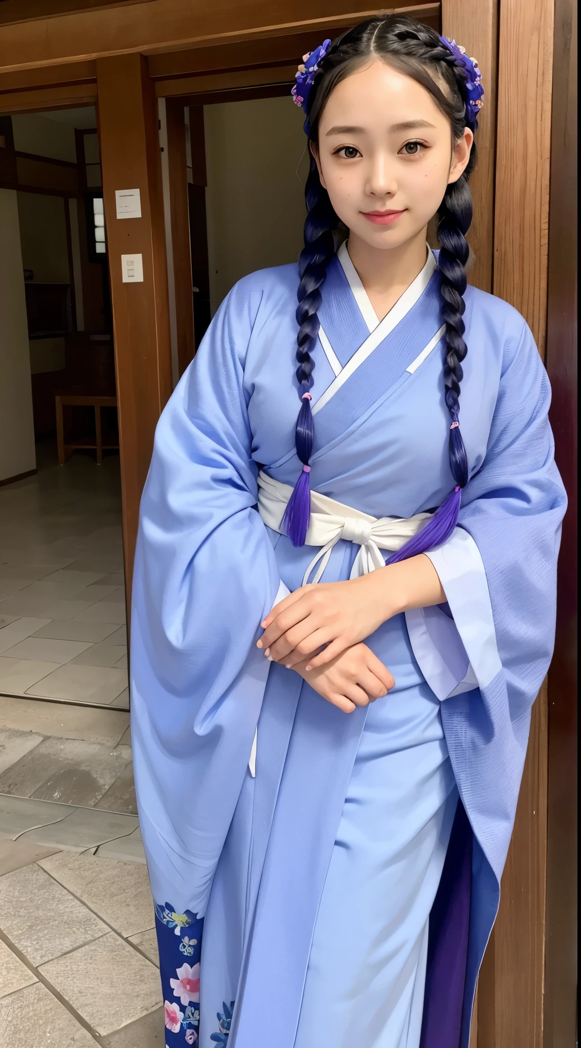 blue and purple kimono、beautiful woman with braids