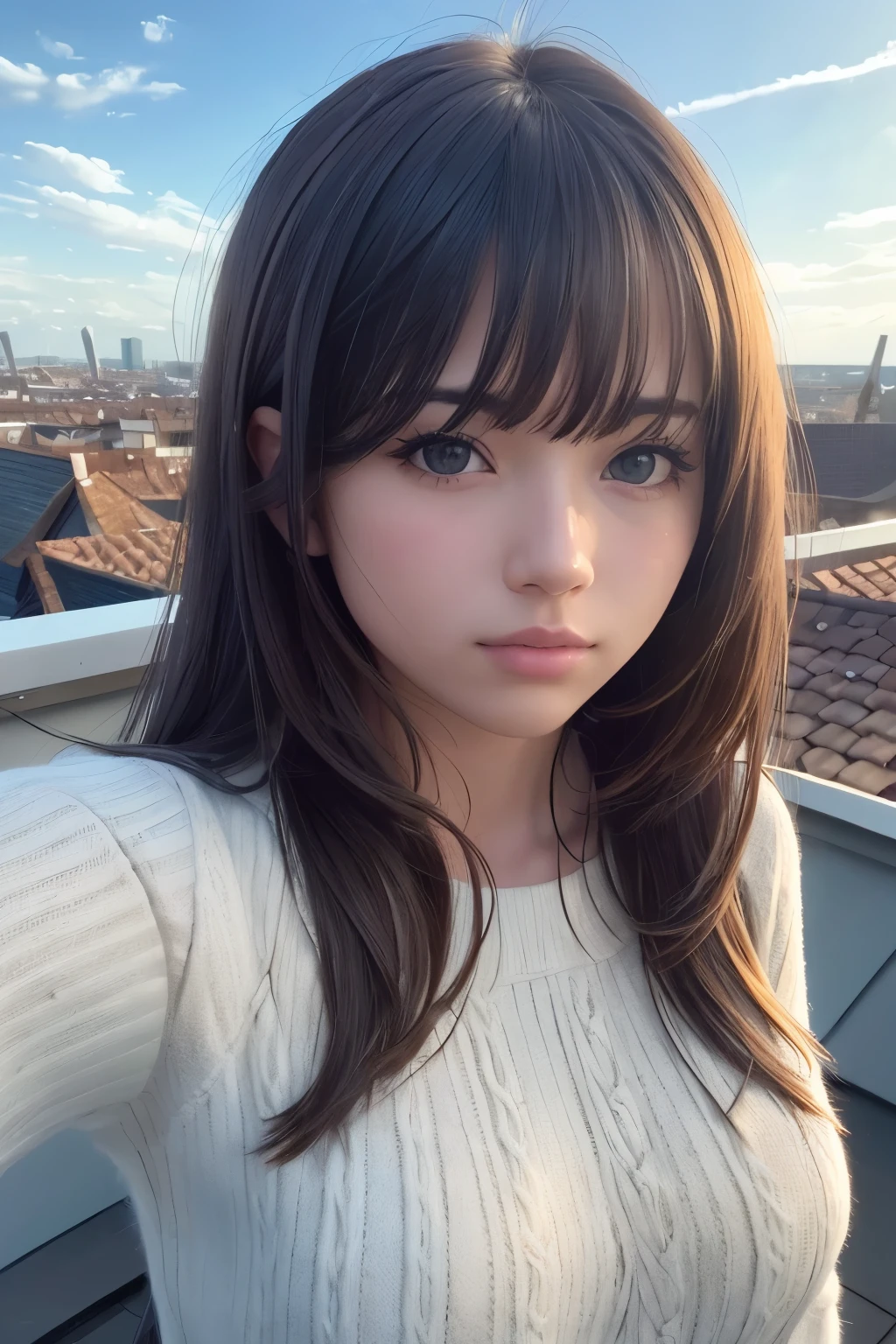 (Solo:1.3)), 1girl in, Best Quality, Realistic, Photorealistic, Best Quality, masutepiece, Very delicate and beautiful, Very detailed, (Selfie:1.2), Fine detail, Ultra Detail, High Definition, Very detailed, Realistic, Ultra High Definition, Best Quality, Ultra High Definition, (Real:1.4), high quality texture, wearing white and thin summer knitwear,, On the rooftop, Bangs, Long hair , Afternoon light, Magnificent sky and clouds