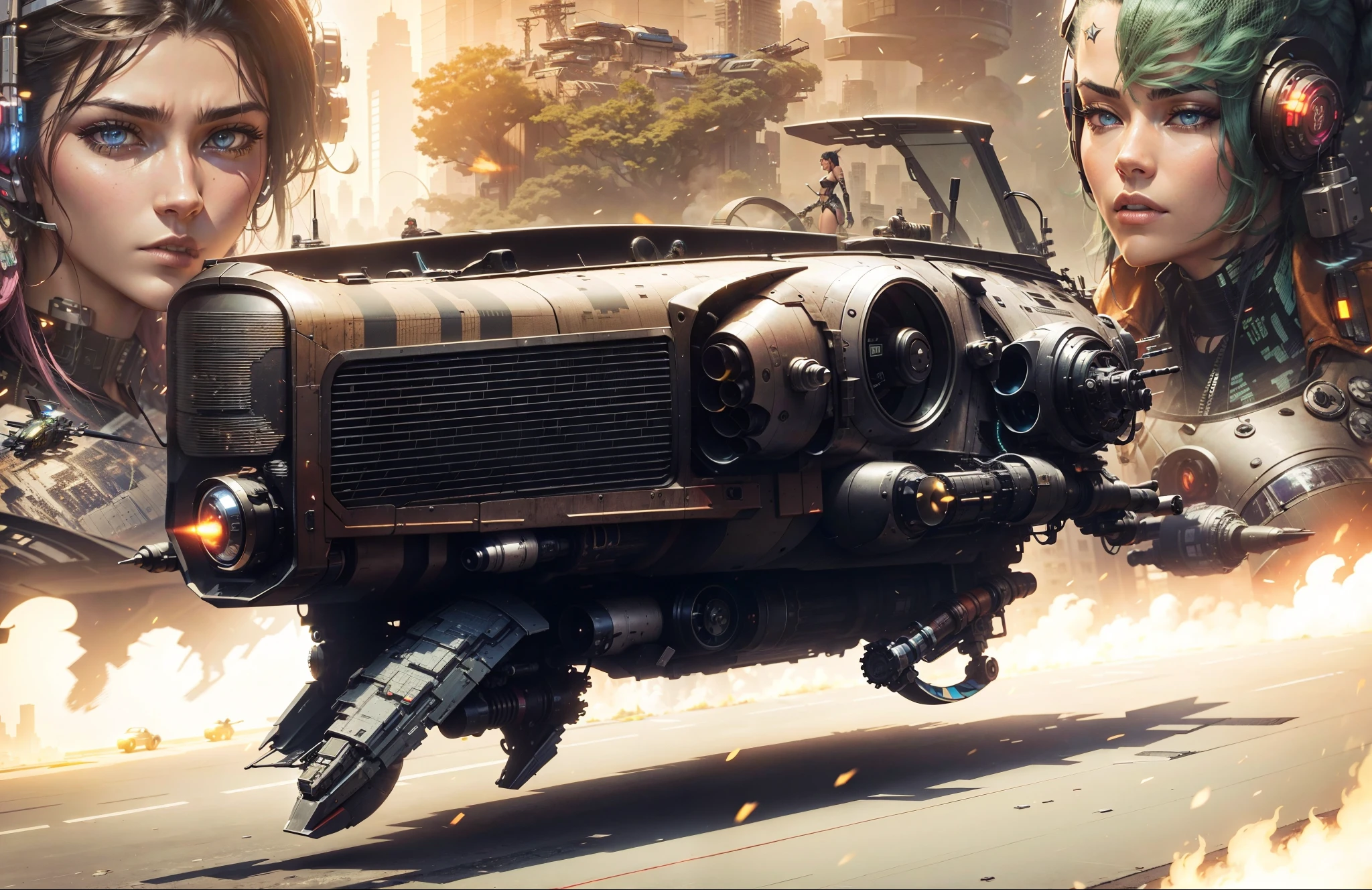 A Cyberpunk Hover Motor Bike carrying missiles in the foreground, close-up of 2 beautiful cyberpunk drivers with cyberpunk accessories and a cyberpunk city full of cyberpunk buildings and life in the background