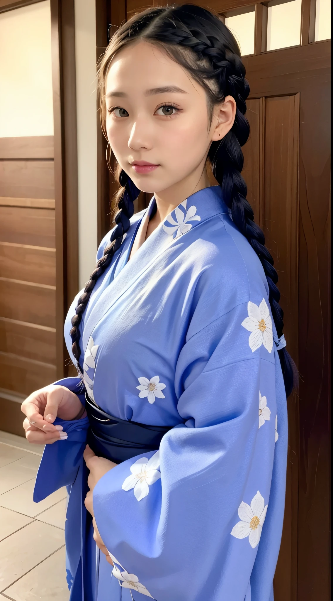 blue and purple kimono、beautiful woman with braids