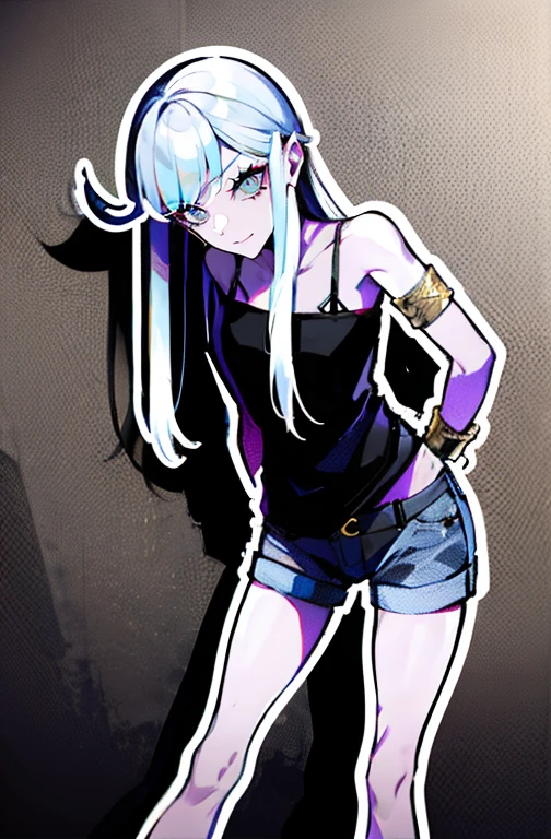 Absurdidade, Qualidade Superior, 1 girl, sozinho, cabelo listrado, tampo de corte branco, shorts jeans escuros, Gargantilha, (grafity: 1.25), splatter de tinta, arms behind back, (Desleixo), leaning back, leaning against the wall, (Inclinado para o lado: 0.125), assista ao espectador, Armlets, thigh straps, cabelo listrado, Pintura no corpo, Olhos voltados para cima, with his head down, tilt your head, (do lado: 0.9), entediado, (no expression: 0.75), Ram \ (Ramdayo \),