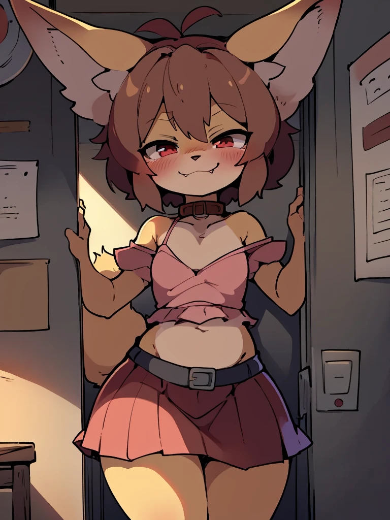 (, anthro, fennec fox, small hair, small ahoge, light brown hair, small snout, flat chest, fox tail, little thighs, ((long fur, yellow fur)), round head, round chin, small fangs and big red eyes) wearing (brown collar, pink blouse, red skirt, long skirt, leather belt), standing, hand in wall, smug, by dagasi, by diives