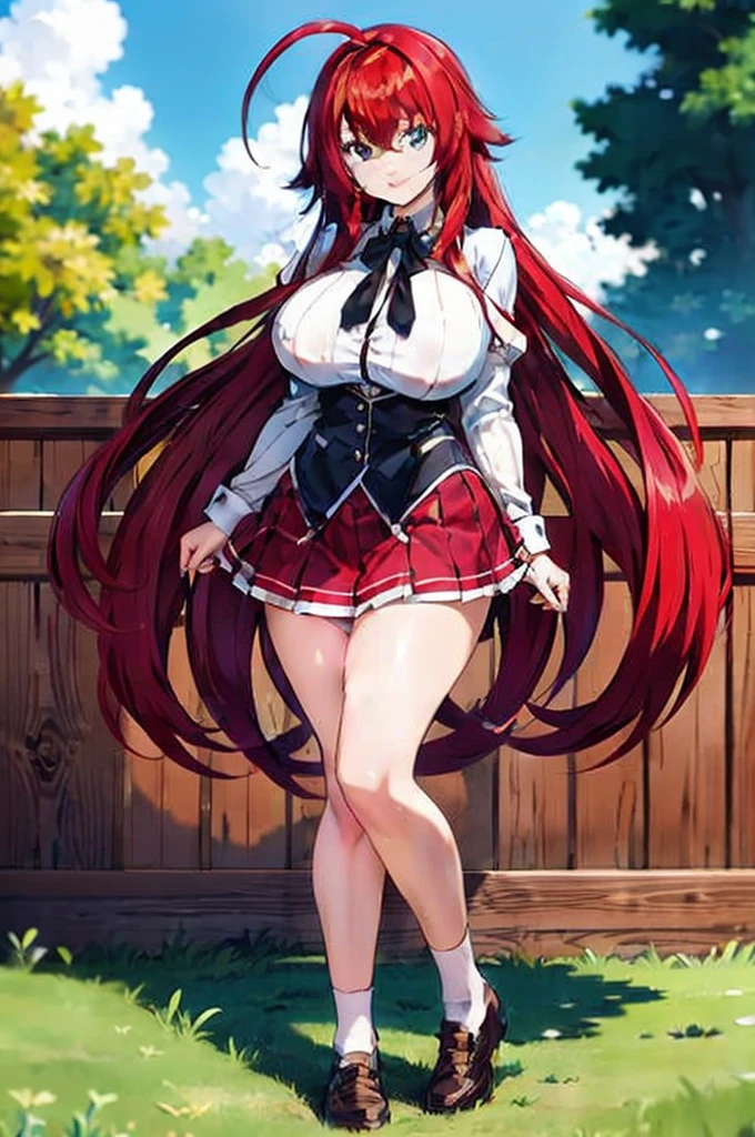 a woman with long red hair and a white shirt is standing in front of a fence, rias gremory, ??????????? loli, highschool dxd, seductora chica de anime, Chica anime con pelo largo, Estilo anime ecchi, Erza Scarlet como persona real, Hermosa chica de secundaria de anime, Mejor chica del anime, Anime visual de una chica linda