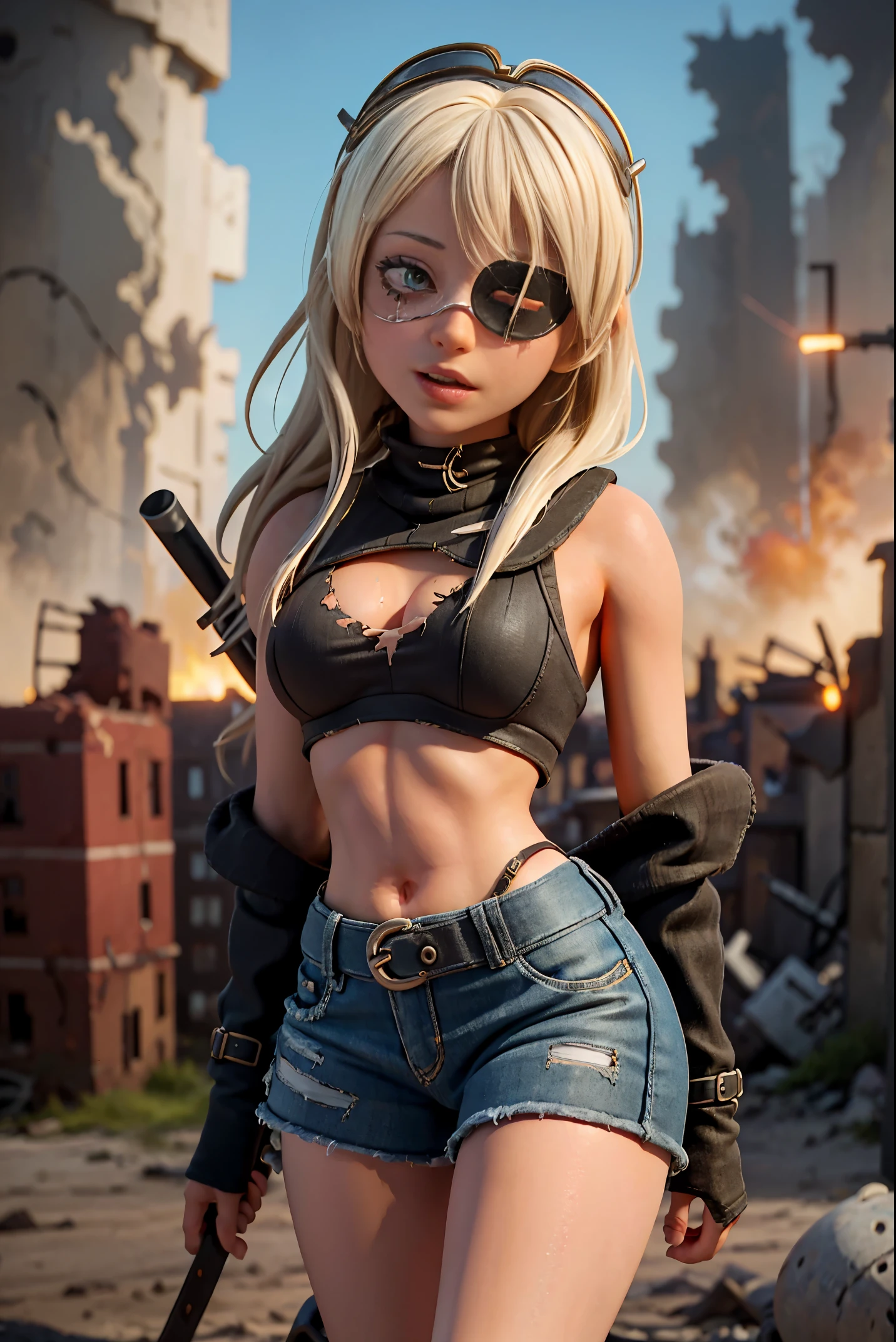 Full shot of Beautiful Olivia Livvy Dunne in Mad Max wearing torn dystopian bikini and an eye patch holding a machete running thru a dystopian city at night in a wasteland with explosions and nuclear bomb craters throughout, 8k raw photo, cinematic style, half shaded face, highly detailed face