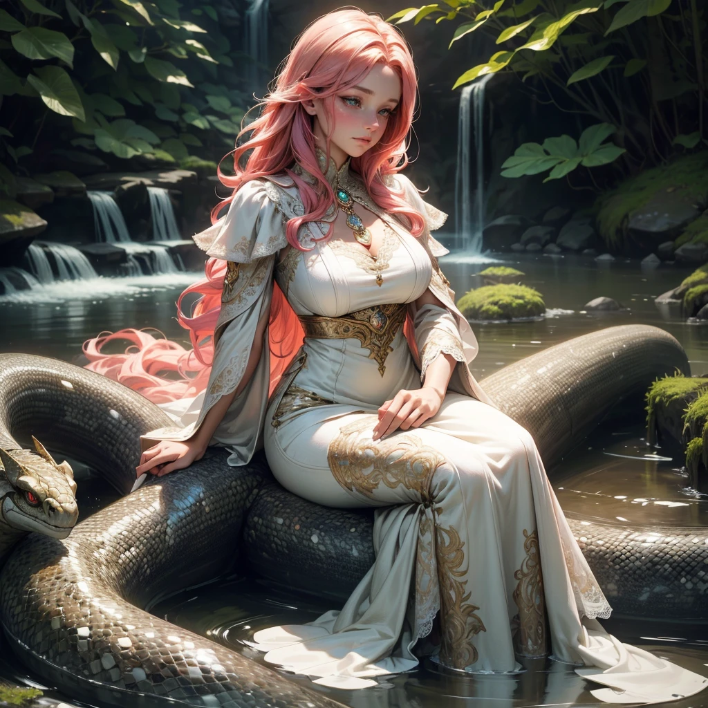 {-erro_de_anatomia:1.0}(best quality,4k,8k,highres,masterpiece:1.2), ultra-detailed, (realistic,photorealistic,photo-realistic:1.37), mature milf, illyasviel von einzbern, redhead hair, full body, vibrant colors, glowing skin, mesmerizing eyes, elegant pose, enchanting background, delicate lace dress, surreal lighting, ethereal atmosphere, mystical aura, intricate details, artistic medium, digital illustration, fantasy, anime, with a snake wrapped around her neck, bathing in a waterfall, sitting in the water
