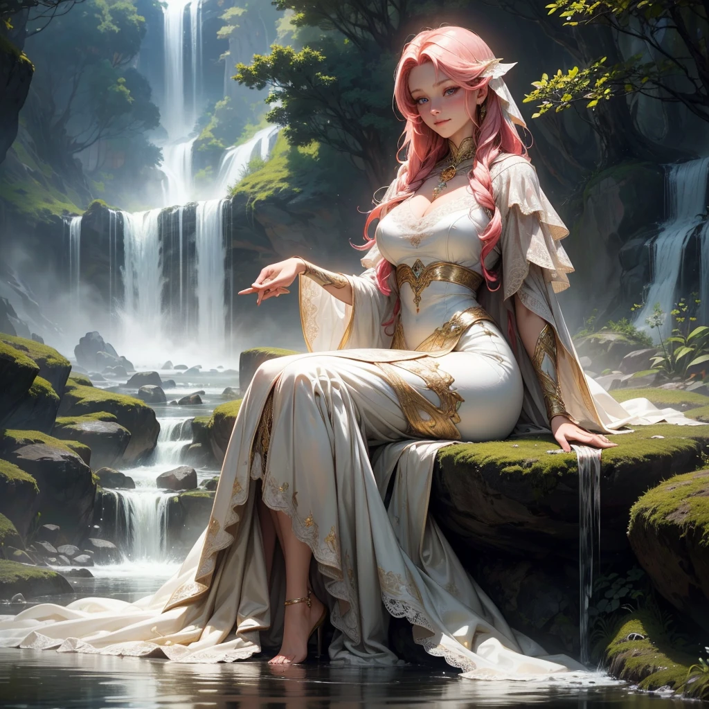 {-erro_de_anatomia:1.0}(best quality,4k,8k,highres,masterpiece:1.2), ultra-detailed, (realistic,photorealistic,photo-realistic:1.37), mature milf, illyasviel von einzbern, redhead hair, full body, vibrant colors, glowing skin, mesmerizing eyes, elegant pose, enchanting background, delicate lace dress, surreal lighting, ethereal atmosphere, mystical aura, intricate details, artistic medium, digital illustration, fantasy, anime, with a snake wrapped around her neck, bathing in a waterfall, sitting in the water