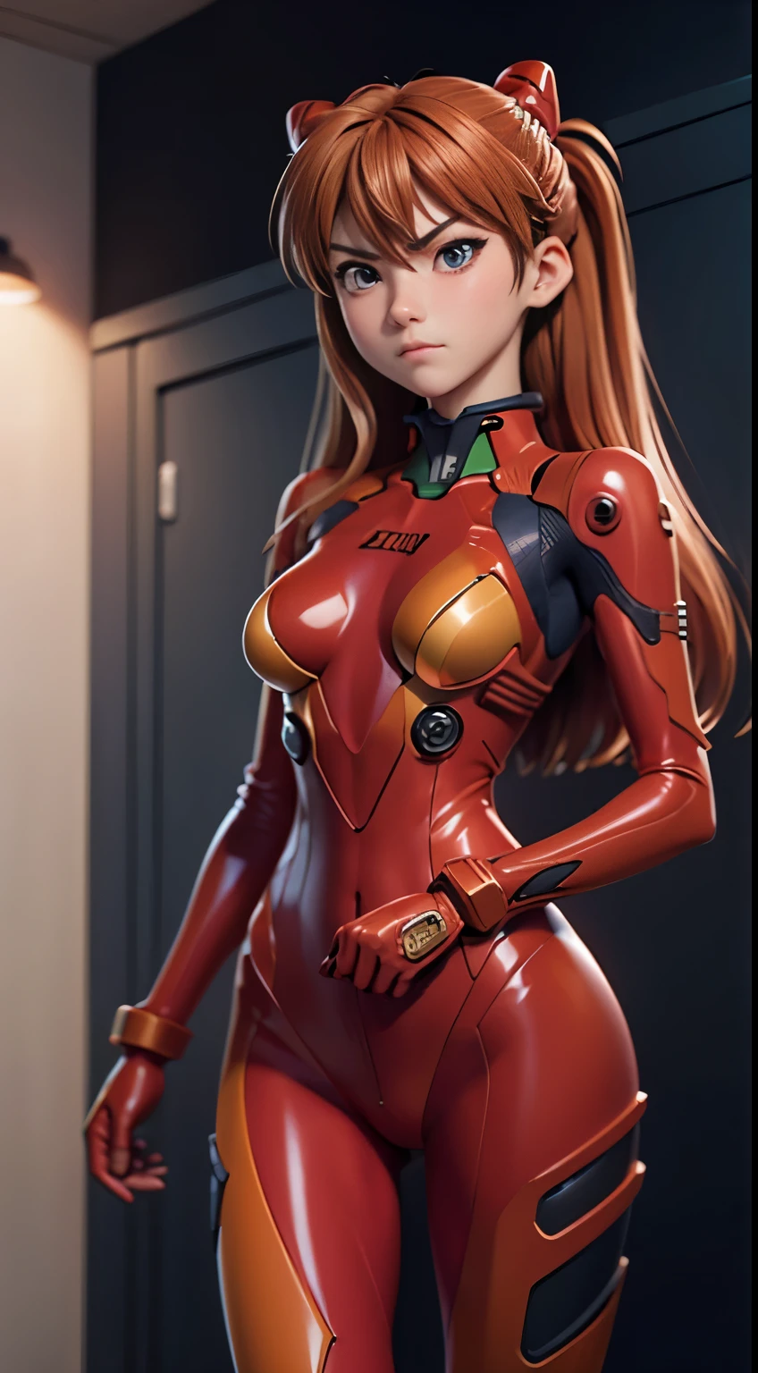 (best quality, masterpiece1.2), (detailed eye:1.2), intricate detail, depth of field, 1girl, standing, souryuu asuka langley,  plugsuit, angry, blush, looking away,