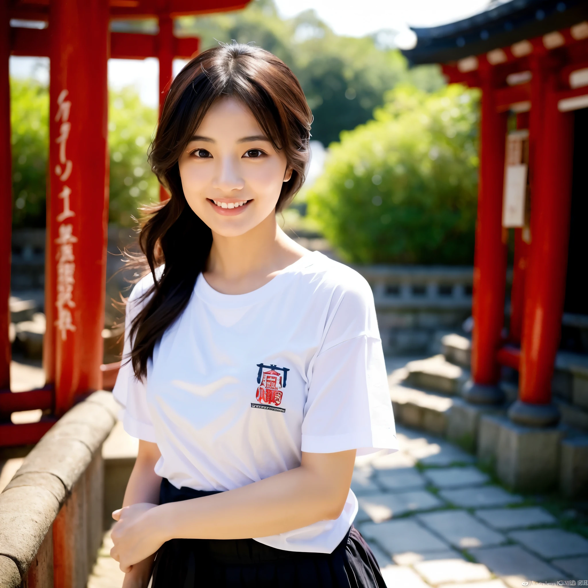 One beauty、((best qualtiy、8k masterpieces:1.3))、foco nítido:1.2、(ultra beautiful faces:1.0)、(shinny skin:1.0)、photos realistic、A dark-haired、Video Lighting、High-definition eyes and face、Video Lighting、Japanese actressl、from the front side、medium breasts、Smile、Slender Abs Beauty、Whole body、Kanji for Japan「tenderness」Wearing a T-shirt、At the shrine