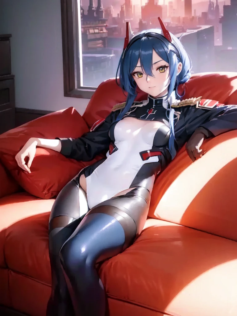 (high resolution:1.2),azur lane character ulrich von hutten, of zweo two ,cosy living room,zero two skinsuit,darling in the franxx,posing,female character,comfortable sofa,vivid colors,attention to detail,anime style,confident expression,soft lighting,eye-catching background,mecha elements , eating a tootsie pop.
