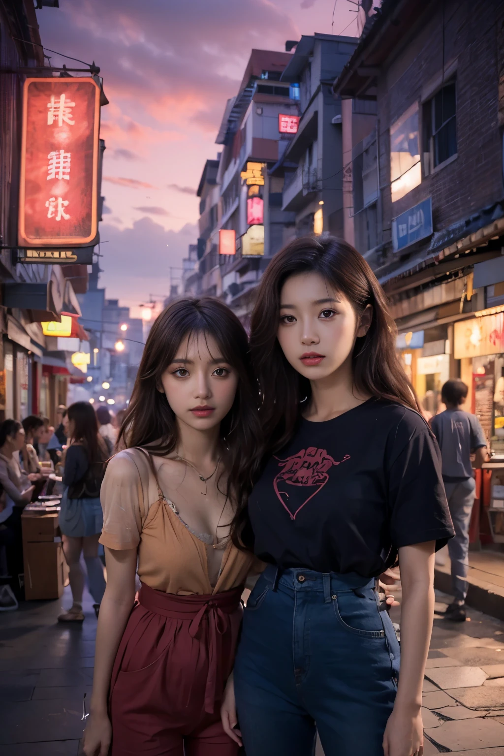 All faces must be different,super big eyes,POV, by lee jeffries, nikon d850, film stock photograph ,4 kodak portra 400 ,camera f1.6 lens ,rich colors ,hyper realistic ,lifelike texture, dramatic lighting , cinestill 800,two girls,super big eyes,beautiful faces,sisterhood,dynamic pose, photoreal fantasy art game art,