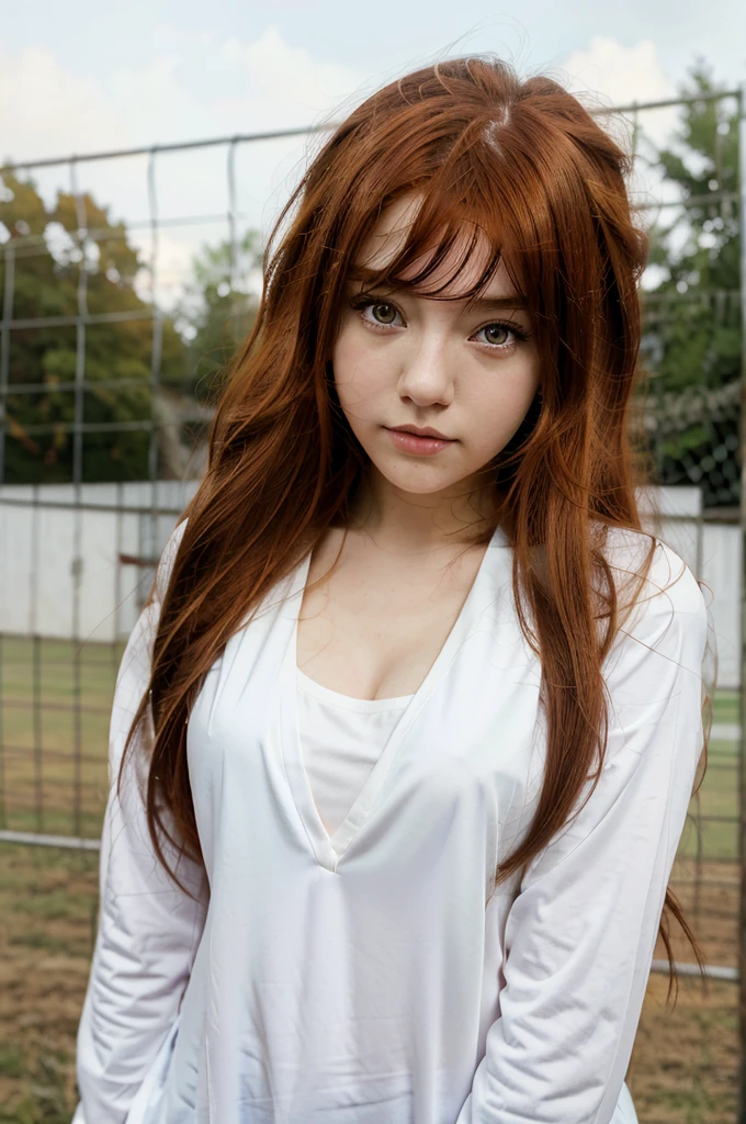 a woman with long red hair and a white shirt is standing in front of a fence, Rias Gremory as a real person, small curvy , highschool dxd, seductora chica de anime, Chica real con pelo largo, Estilo real ecchi, Erza Scarlet como persona real, Hermosa chica de secundaria real, Mejor chica del anime, Anime visual de una chica linda