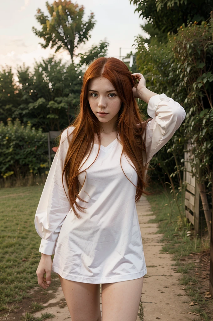 a woman with long red hair and a white shirt is standing in front of a fence, Rias Gremory as a real person, small curvy loli, highschool dxd, seductora chica de anime, Chica real con pelo largo, Estilo real ecchi, Erza Scarlet como persona real, Hermosa chica de secundaria real, Mejor chica del anime, Anime visual de una chica linda