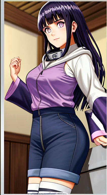 Obra maestra, Altas Resoluciones, alta calidad, Cara detallada, Renderizado detallado del cuerpo, 1girl, solamente, Hyuuga Hinata, Traje sin mangas de Hinata, senos grandes, Pecho grande, Camisa sin mangas, Tapa de red, labios oscuros, chaqueta sin cremallera, sin sujetador, pechos hacia fuera, nipslip,Medias de red, En pie, Rubor, (en el dormitorio)