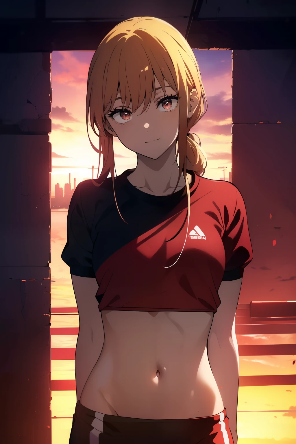 ((Obra maestra, La mejor calidad, ultrahigh resolution)), (((a girl in a gym uniform, blue Japanese ladies gym unform, ash _blonde:1))), long hair cut, pale skin, ((brown eyes)), glowing_eyes, neon eyes, ((ultra detailed eyes:0.7, beautiful and detailed face, detailed eyes:0.9)), ((centered)), ((cute smile, pretty)), facing viewer, eye level, ((vibrant red sunset over a city background)), flat chested, looking at viewer, ((half closed eyes)), ((perfect hands)), (((head:1, arms, hips, elbows, in view))), ((hands behind back)), empty eyes, beautiful lighting, outside, outdoors, background, defined subject, 18 years old, (head tilt)