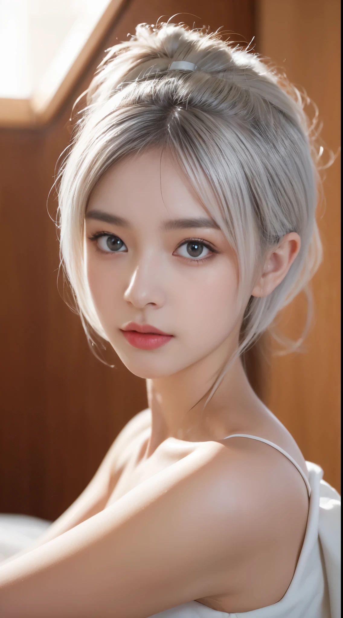 mix4、(8K、Raw photography、top-quality、​masterpiece:1.2)、(nsfw:1.4),(realisitic、Photorealsitic:1.37)、1girl in、A young woman with a delicate and slender face, gentle brown eyes, semi long hair,she seems thoughtful and introverted, her appearance is elegant and sophisticated,close-up, best quality,  incredibly ridiculous, beautiful girl, cute, depth of field, high resolution, ultra detail, highly detailed, highly detailed eyes and face, sharp pupils, realistic pupils, sharp focus, cinematic lighting、beautiful white hair color、Portrait, Soft light, Professional Lighting,