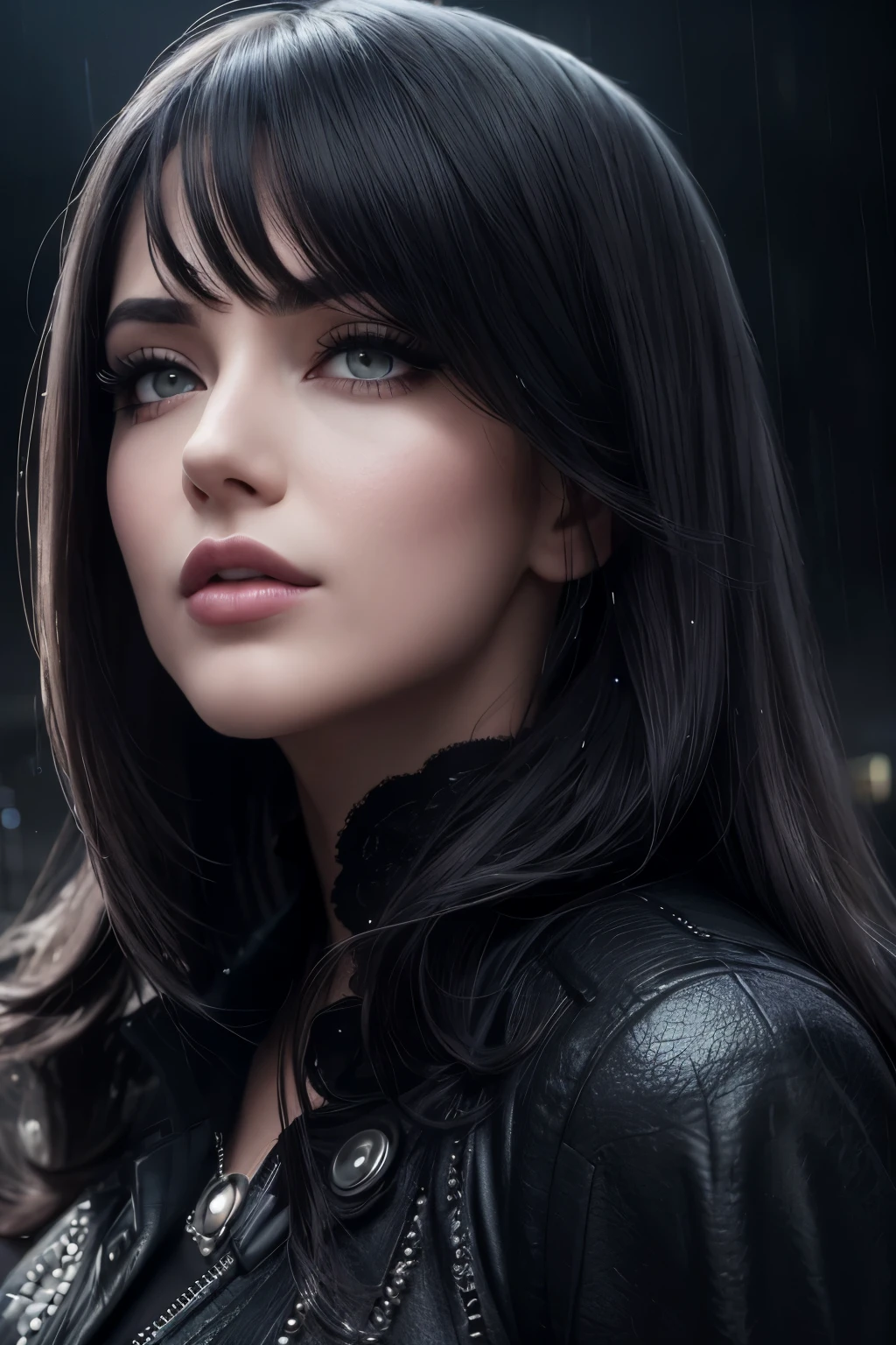 (best quality,4k,highres:1.2),plump lips,long eyelashes:1.2,realistic eyes,elegant expression:1.1,dark shadows,dramatic lighting:1.5,skyscrapers,mist,rain,neon lights,complete black background,monochrome color scheme, fully body photo, Feeling like I&#39;m standing weakly, lethargy, .