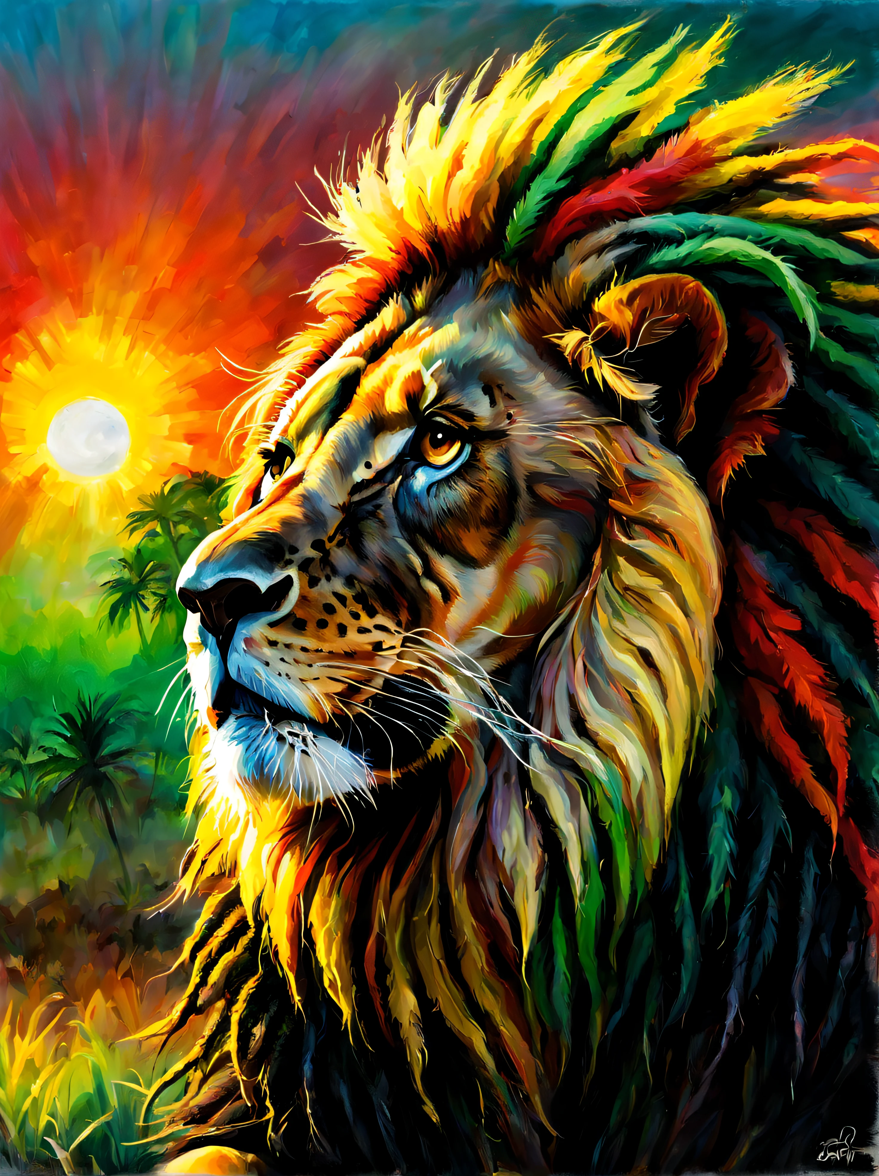 Image of a Rastafarian lion with dreadlocks in reggae colors enjoying the sunrise, Energetic and lively scene.
Estilo de Gabriele Dell&#39;Otto, Meio da jornada de IA, saturated cores, Aquarela, oil paints,   HDR, 500px, 4k,