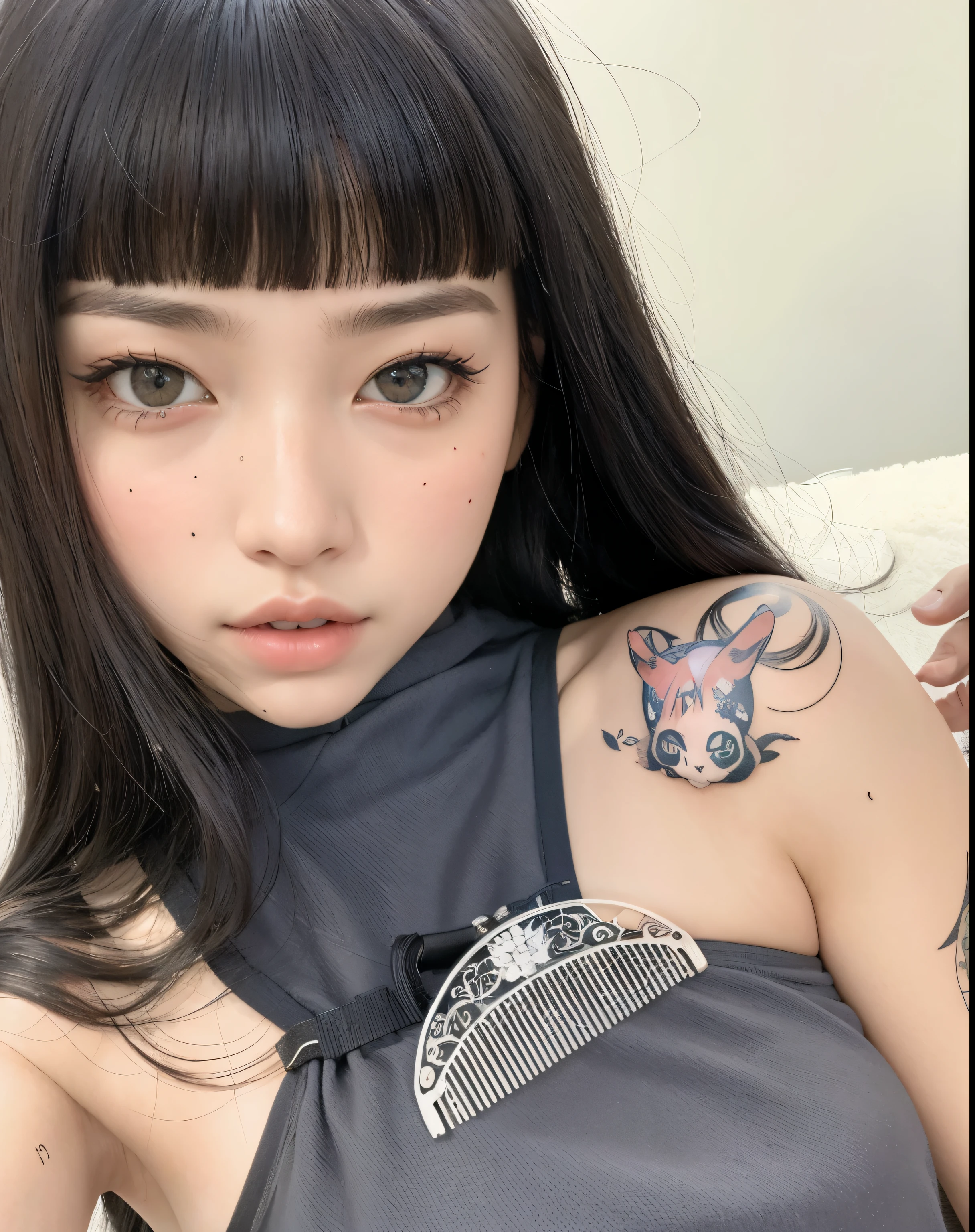 There's a woman with a tattoo on her arm and a comb, dilraba dilmurat, ultrarrealista doce coelhinho , de meninanesa com tatuagens, linda Delphine, anime manga robot!! tatuagem do gato, Ela tem cabelo preto com franja, Menina animeda real, Ela parece uma mistura de Grimes, Lalisa Manobal, arte fofa