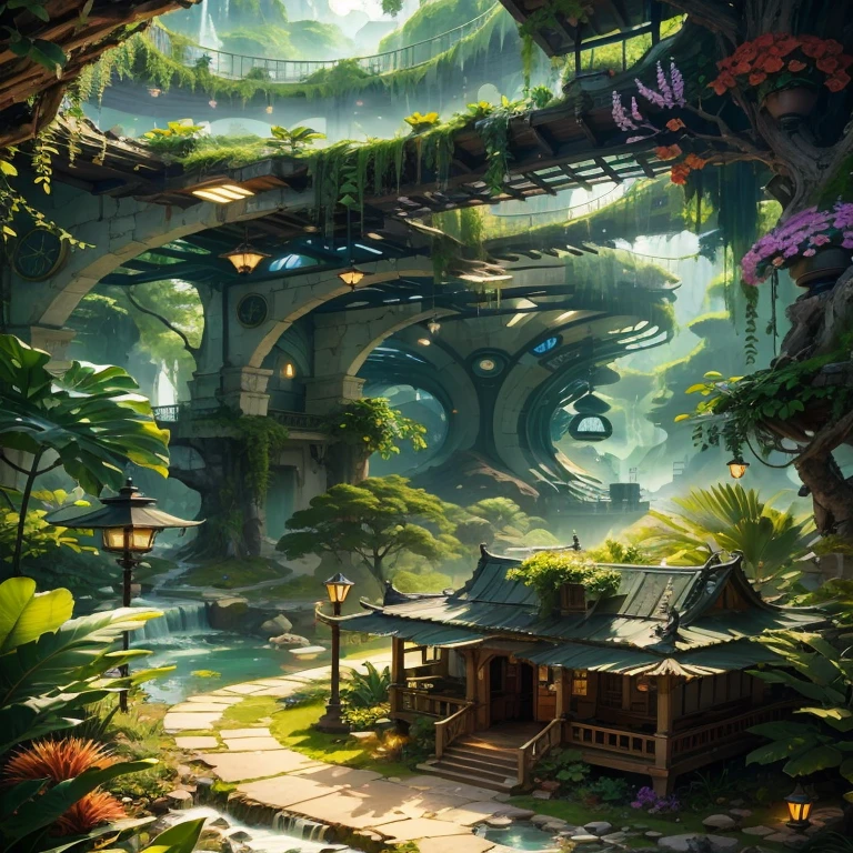 a painting of a house in a jungle with a waterfall, Lush foliage Cyberpunk, Jugendstil-Dschungelumgebung, Cyberpunk-Garten, Stil von Andreas Rocha, Konzeptkunst Hintergrundbild 4K, Unwirkliche Engine-Fantasy-Kunst, 8 K Konzeptzeichnungen mit hoher Detailgenauigkeit, umwelt-design-illustration, Detaillierte 4K-Konzeptzeichnungen, Umwelt-Konzeptkunst, Fantasy-Dschungel, Hochdetaillierte digitale 4K-Kunst, Phantasie-Architektur