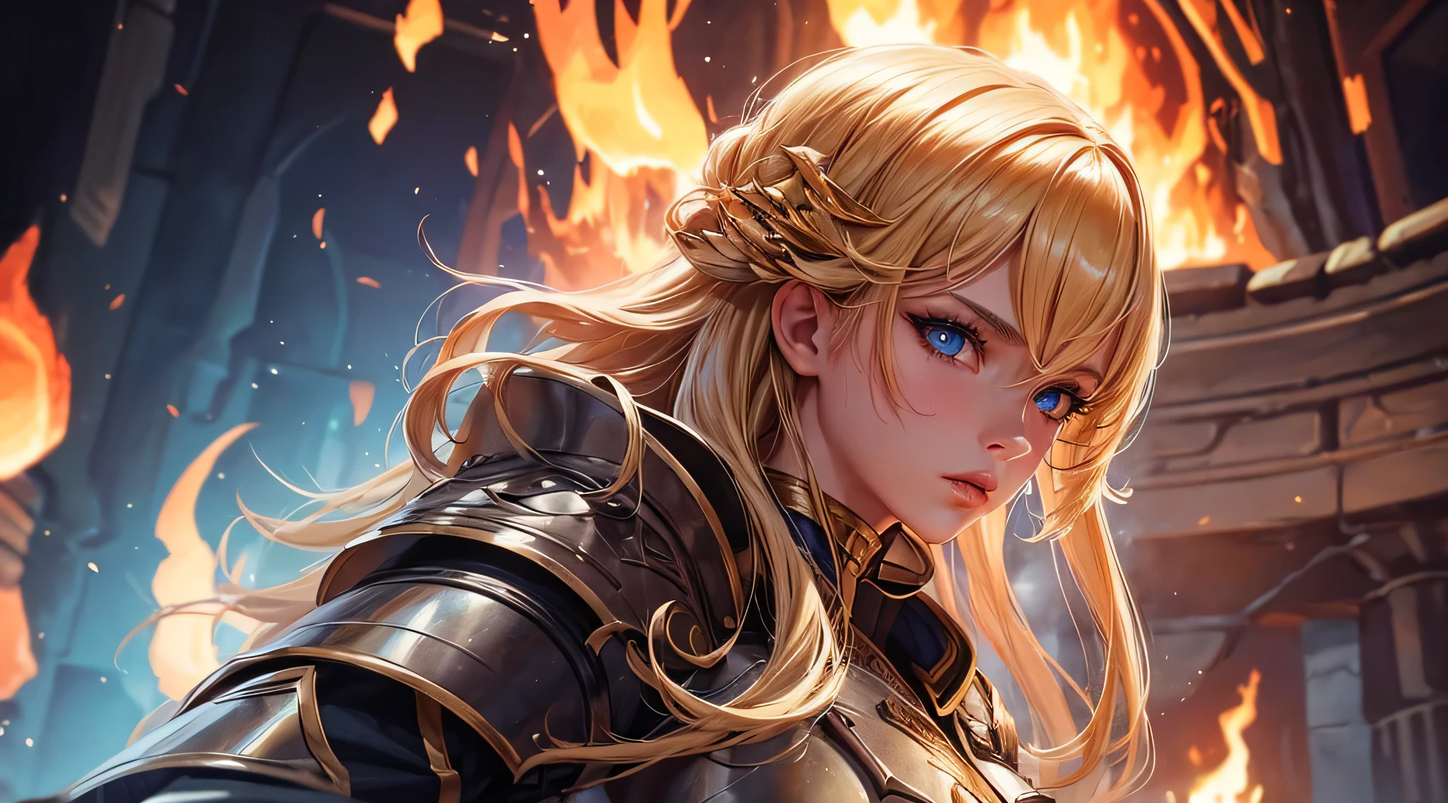 masutepiece,Best Quality,ultra-detailliert,1 female knight,upperbody shot,She take the fire sword,(Full lips:1.2),(fire:1.5),Blonde hair,Long hair,Blue Eye,Straight hair,look at viewr,
labyrinth