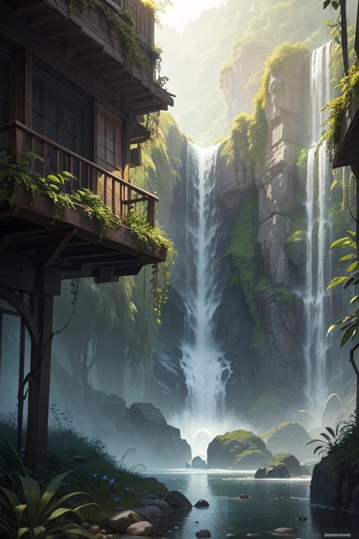 a painting of a house in a jungle with a waterfall, Lush foliage Cyberpunk, Jugendstil-Dschungelumgebung, Cyberpunk-Garten, Stil von Andreas Rocha, Konzeptkunst Hintergrundbild 4K, Unwirkliche Engine-Fantasy-Kunst, 8 K Konzeptzeichnungen mit hoher Detailgenauigkeit, umwelt-design-illustration, Detaillierte 4K-Konzeptzeichnungen, Umwelt-Konzeptkunst, Fantasy-Dschungel, Hochdetaillierte digitale 4K-Kunst, Phantasie-Architektur
