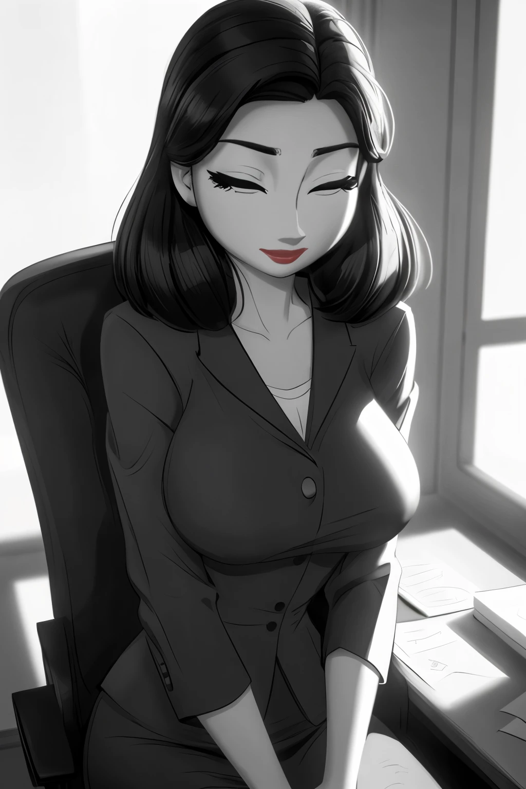 ((ultra quality)), ((tmasterpiece)), Meg, Paperman, (Black & White Style), (black and white cinema), ((Black, hairlong)), (Beautiful cute face), (beautiful female lips), Charming, ((sexy facial expression)), is looking at the camera, eyes are slightly closed, (Skin color: white), Body glare, ((detailed beautiful female eyes)), (()), (juicy female lips), (red lipstick on the lips), (beautiful female hands), ((perfect female figure)), perfect female body, Beautiful waist, Gorgeous hips, Beautiful medium breasts, ((Subtle and beautiful)), sits seductively on a chair (close-up of the face), (dressed in Meg clothes, Strict office suit, black women&#39;s jacket and black skirt) background: office 50 years, ((Depth of field)), ((high quality clear image)), (crisp details), ((higly detailed)), Realistic, Professional Photo Session, ((Clear Focus)), the anime