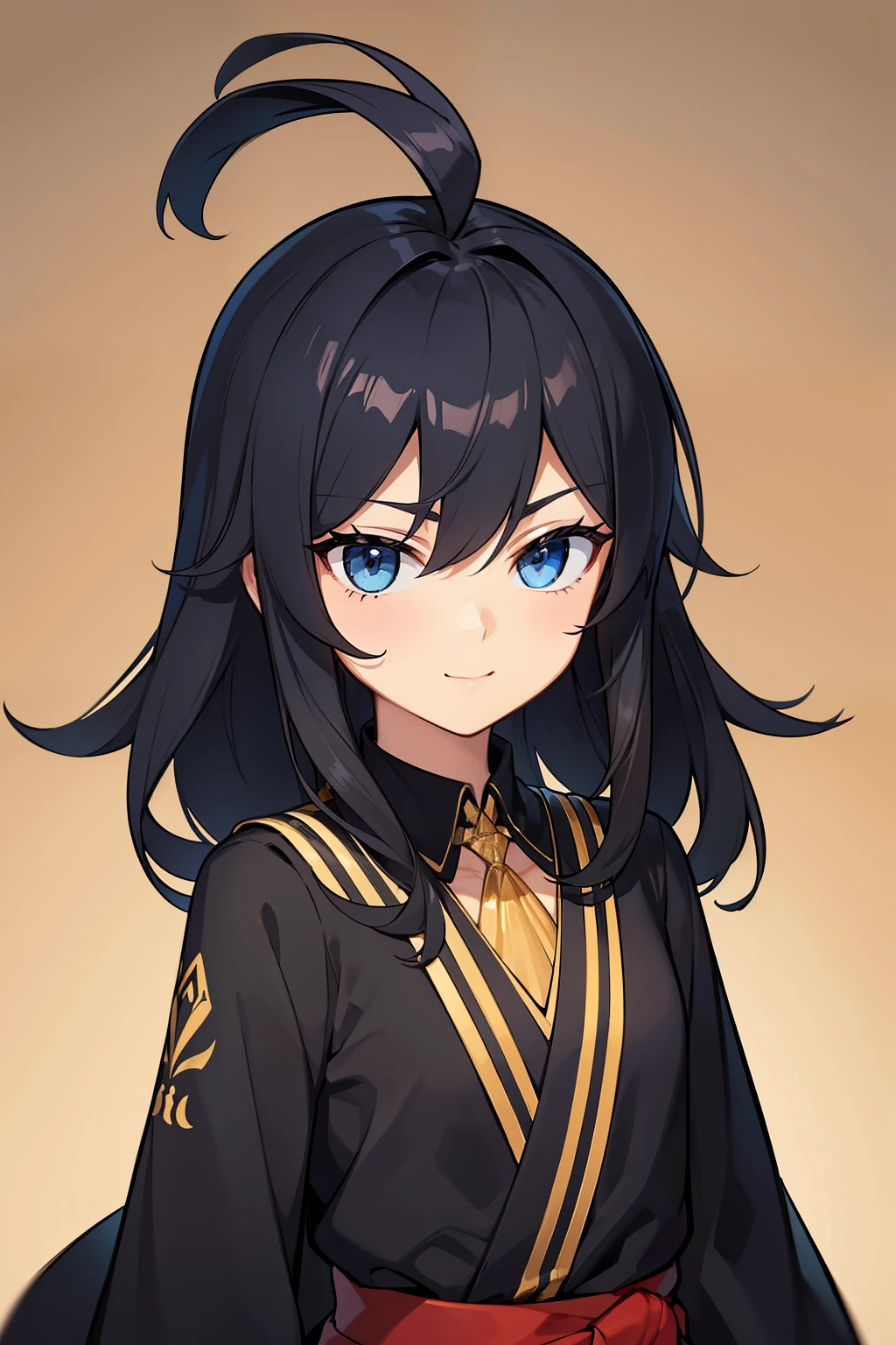 (high-quality, breathtaking),(expressive eyes, perfect face) portrait, 1girl, girl, solo, young kid, child, black hair, blue coloured eyes, stylised hair, gentle smile, medium length hair, loose hair, side bangs, curley hair, really spiky hair, spiked up hair, stylized hair, looking at viewer, portrait, ancient greek clothes, black long sleeved tunic gold trim around collar edges and down middle, greek, red and gold sash, simple background, laurel accessory, slightly narrow eyes, baby face, small body, happy expression