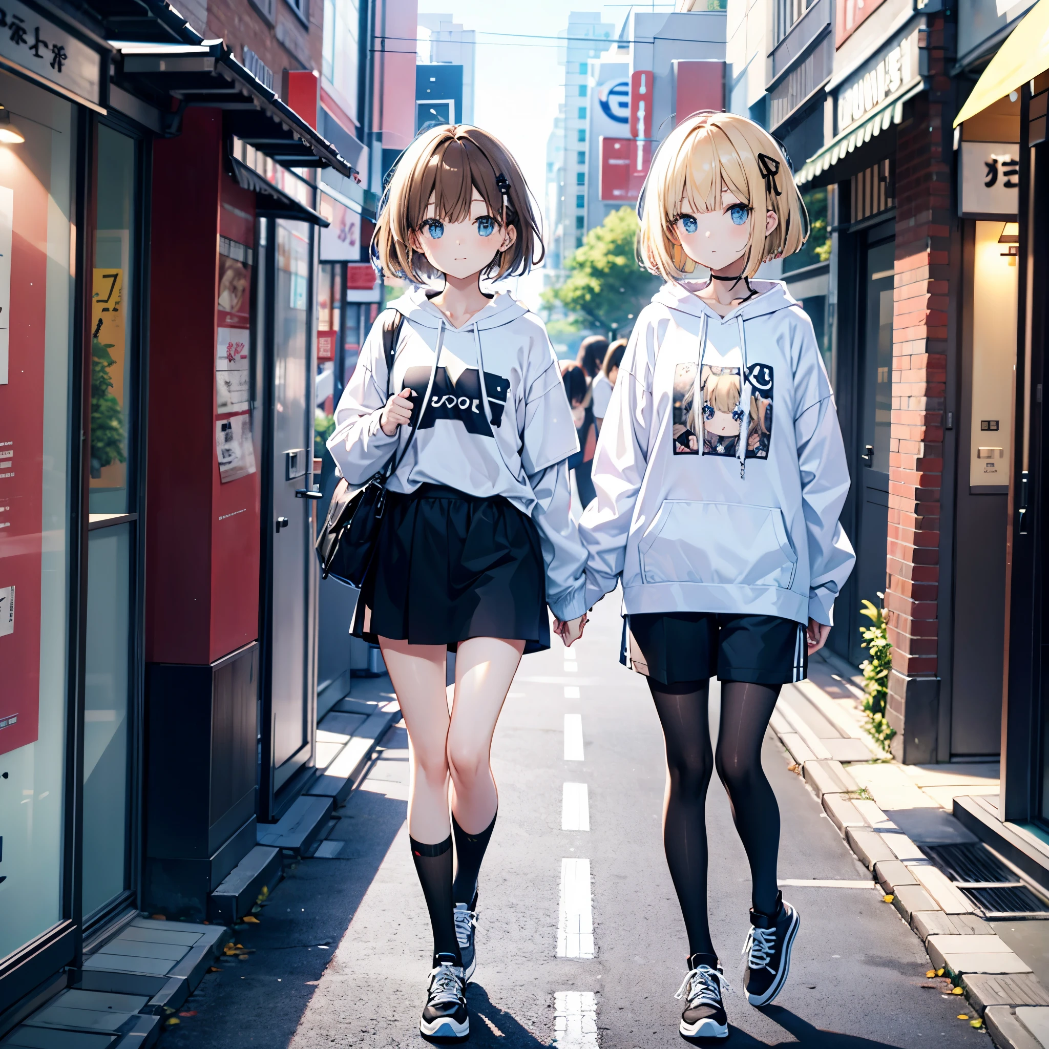Two Japanese adult women A and B walking in Harajuku、A has dark brown hair and a wolf cut.、B has light blonde hair with a short bob.、Plain clothe、A is wearing an oversized white hoodie, a black skirt, and black knee-length stockings.、B is wearing an oversized T-SHIRT and shorts.、Black sneakers with white shoelaces、